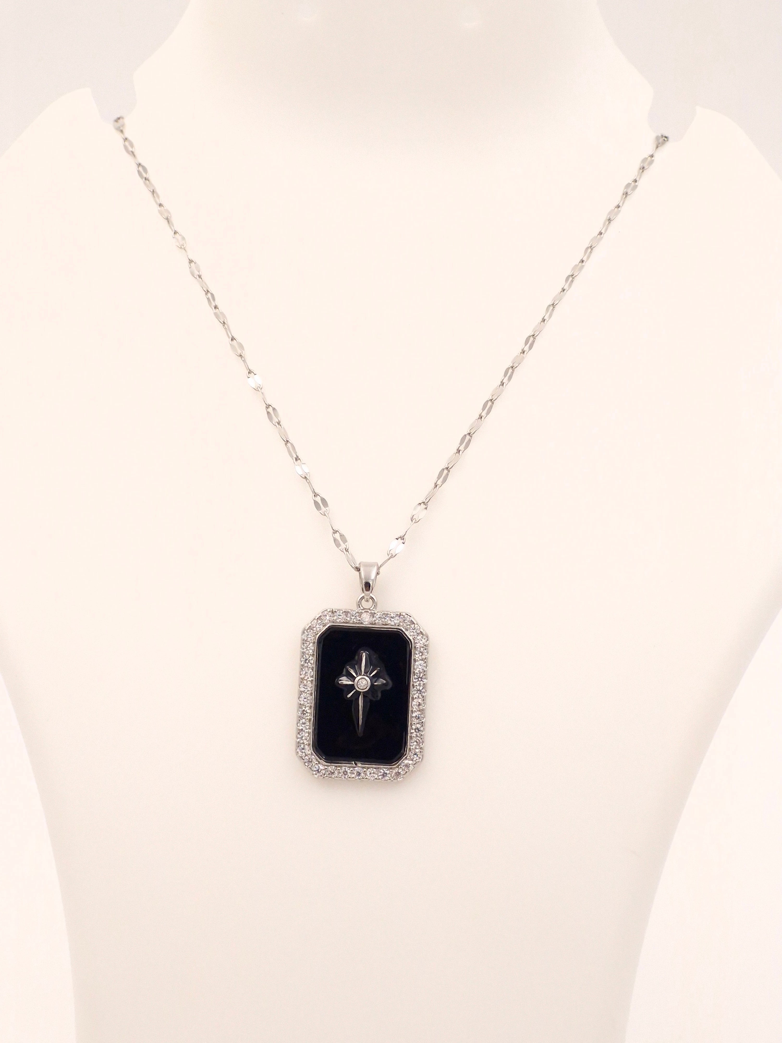 Silver & Black Rectangle Necklace | Anti-Tarnish Statement Piece