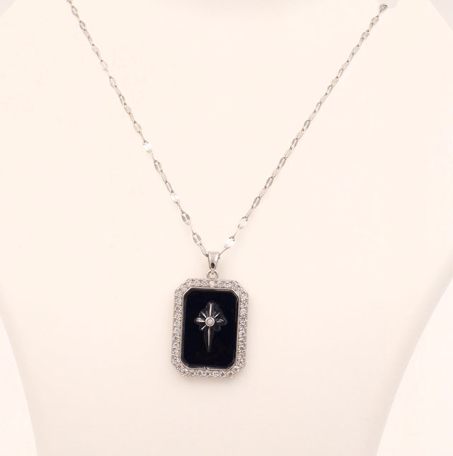 Silver & Black Rectangle Necklace | Anti-Tarnish Statement Piece