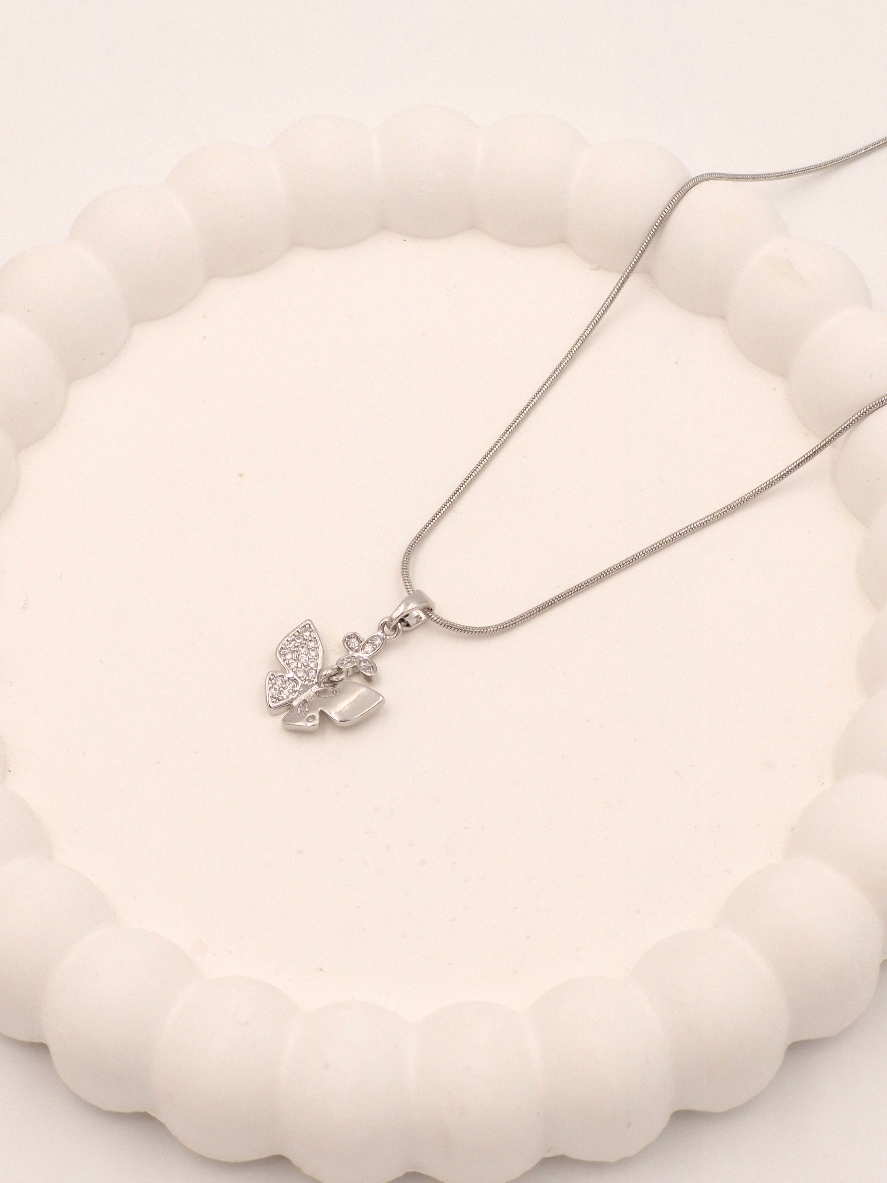Sparkling Double Butterfly Necklace | Anti-Tarnish Silver Tone