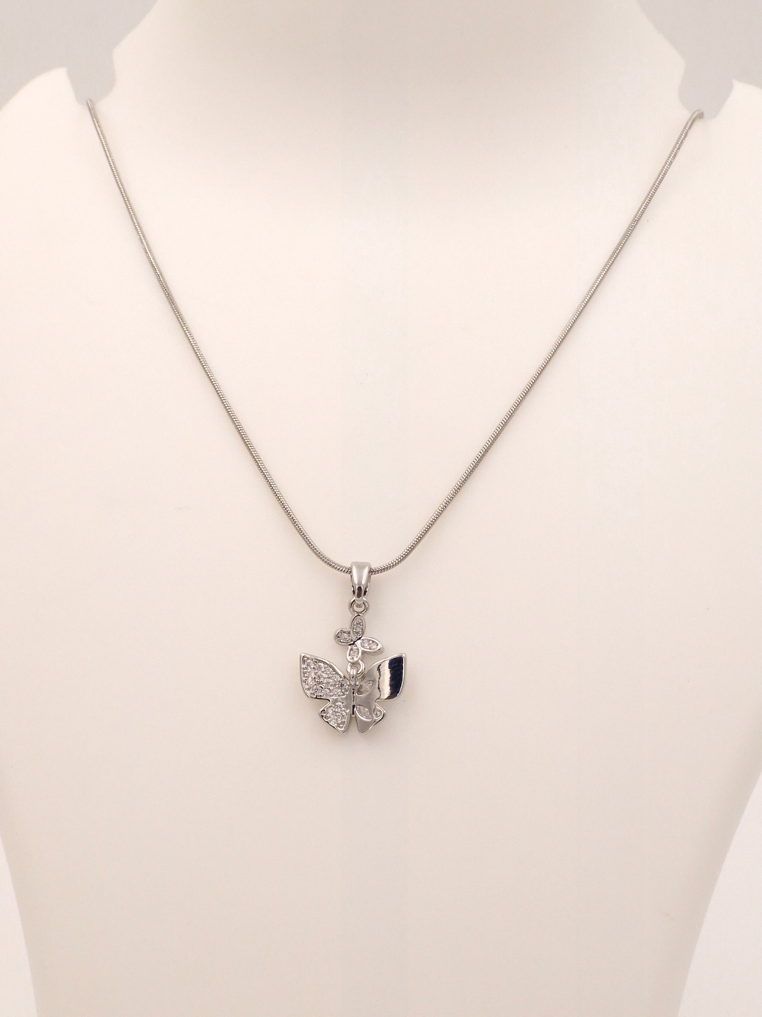 Sparkling Double Butterfly Necklace | Anti-Tarnish Silver Tone