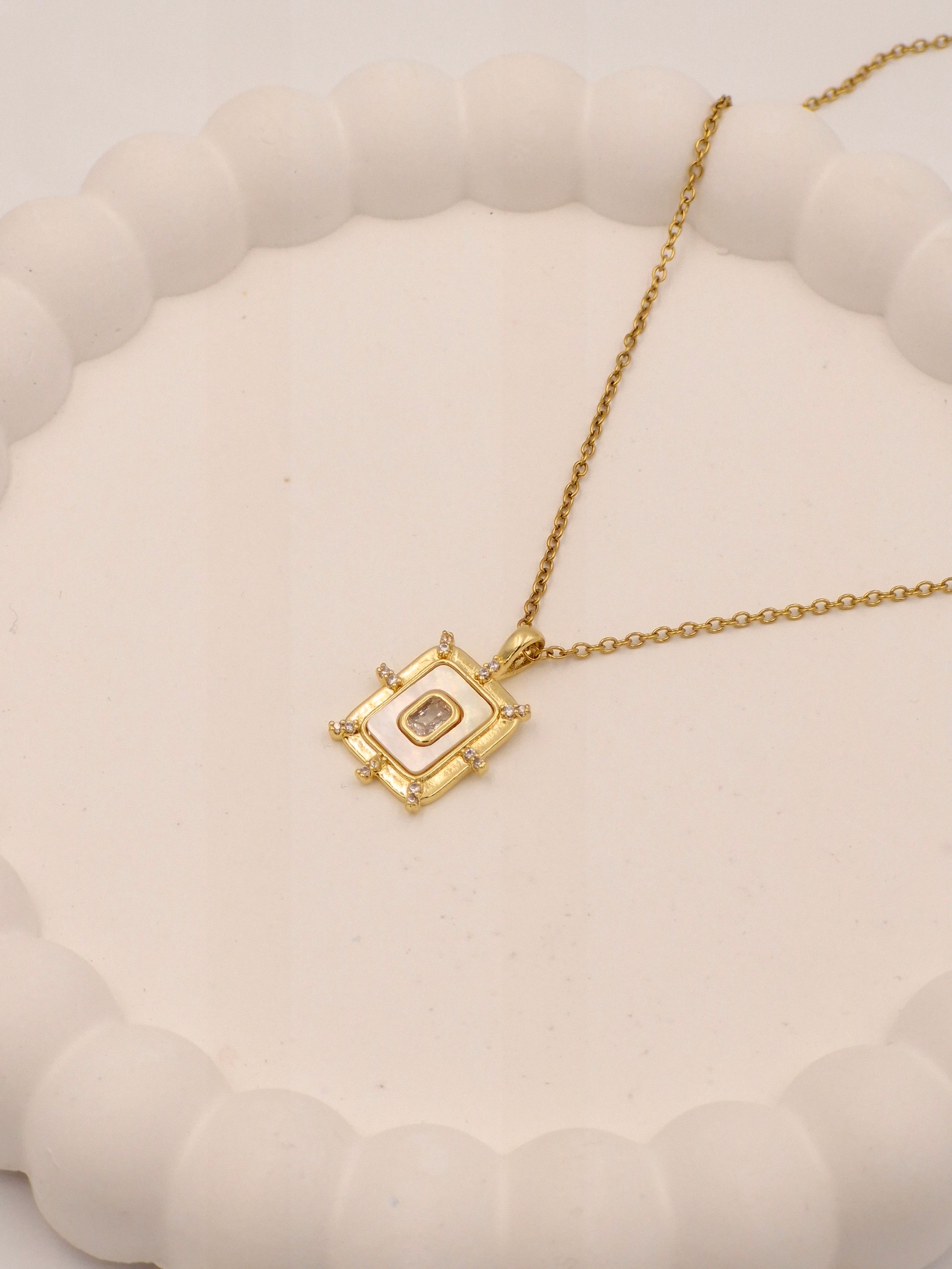 Regal Rectangular Pendant Necklace | Anti-Tarnish White Stone & Gold
