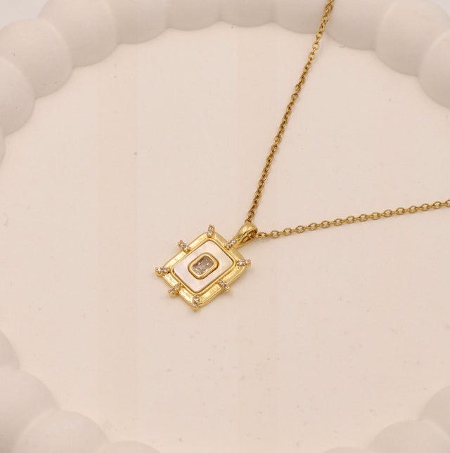 Regal Rectangular Pendant Necklace | Anti-Tarnish White Stone & Gold