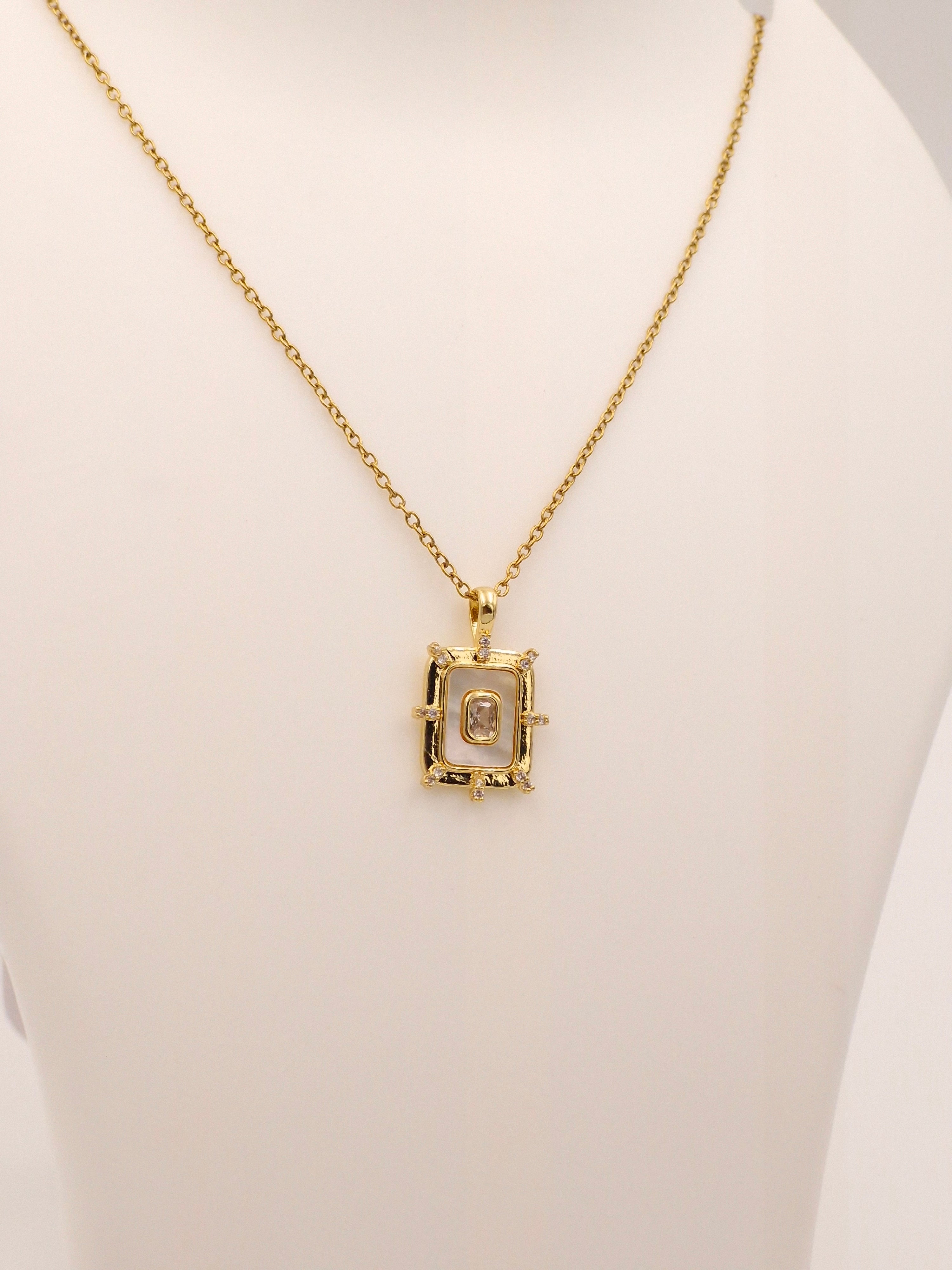 Regal Rectangular Pendant Necklace | Anti-Tarnish White Stone & Gold