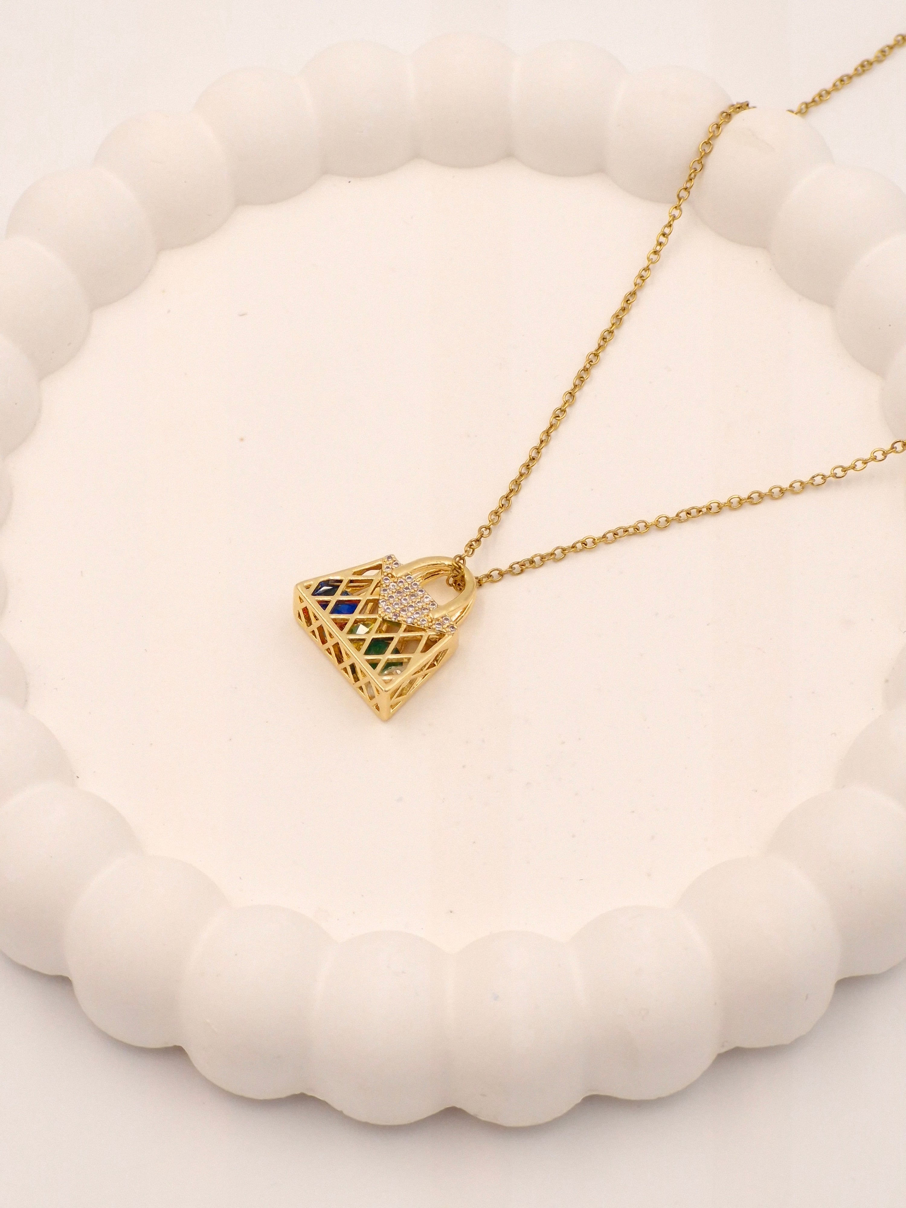 Fashion Handbag Charm Necklace | Anti-Tarnish Multi-Color Stone