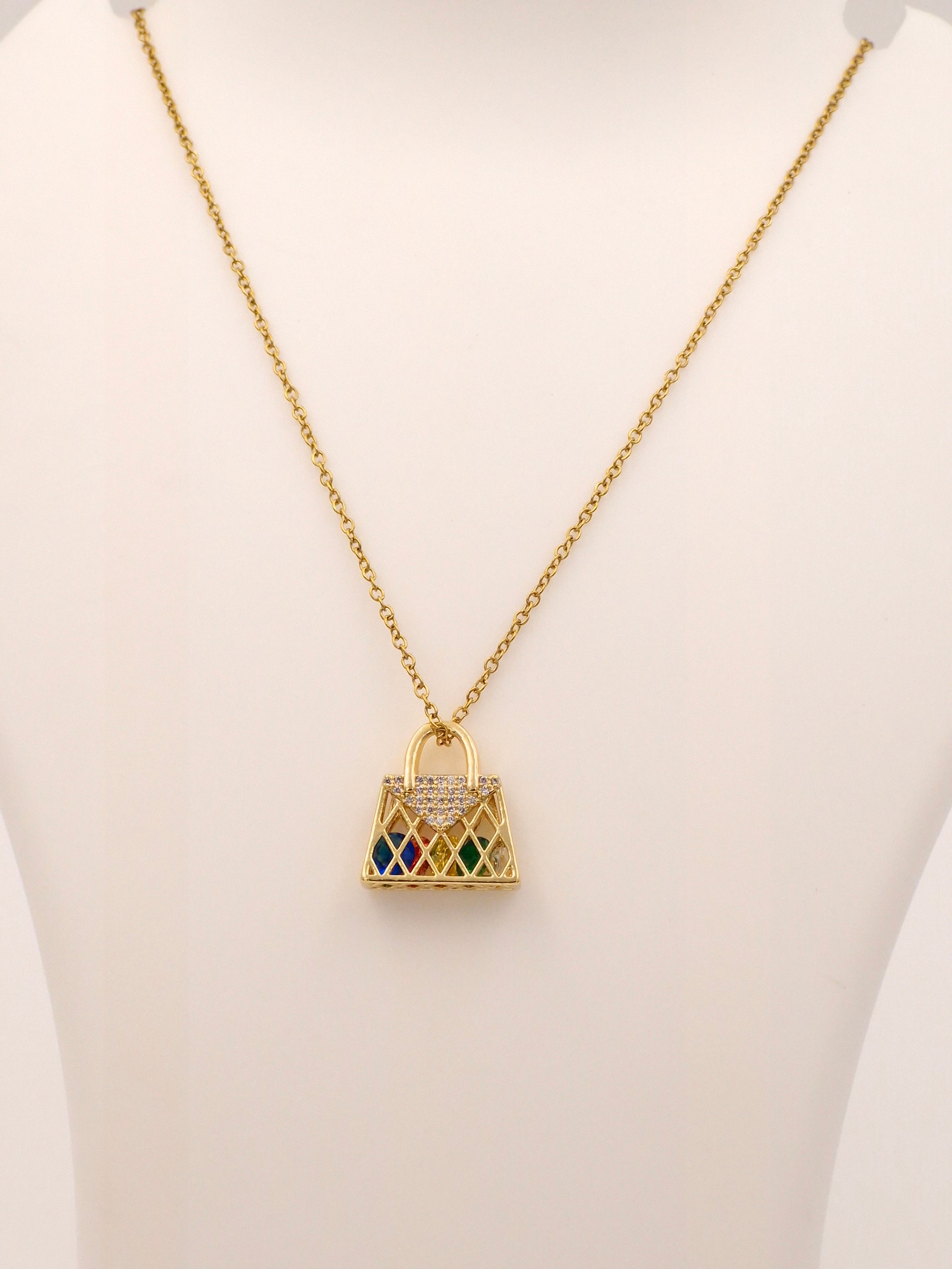 Fashion Handbag Charm Necklace | Anti-Tarnish Multi-Color Stone