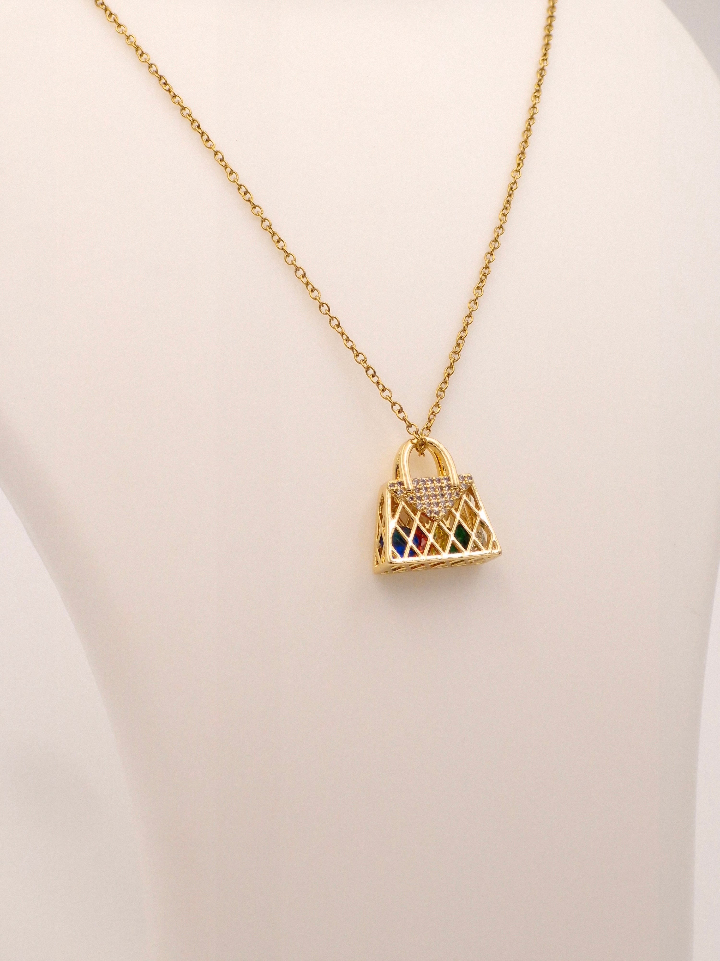 Fashion Handbag Charm Necklace | Anti-Tarnish Multi-Color Stone