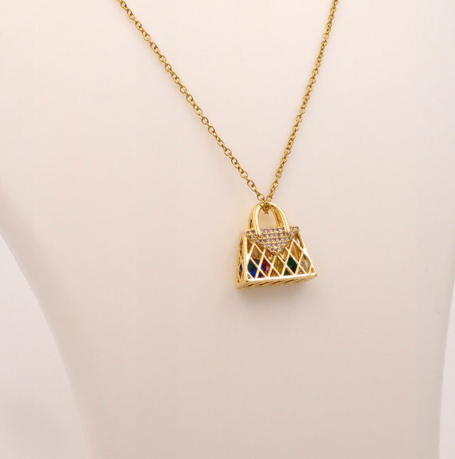 Fashion Handbag Charm Necklace | Anti-Tarnish Multi-Color Stone