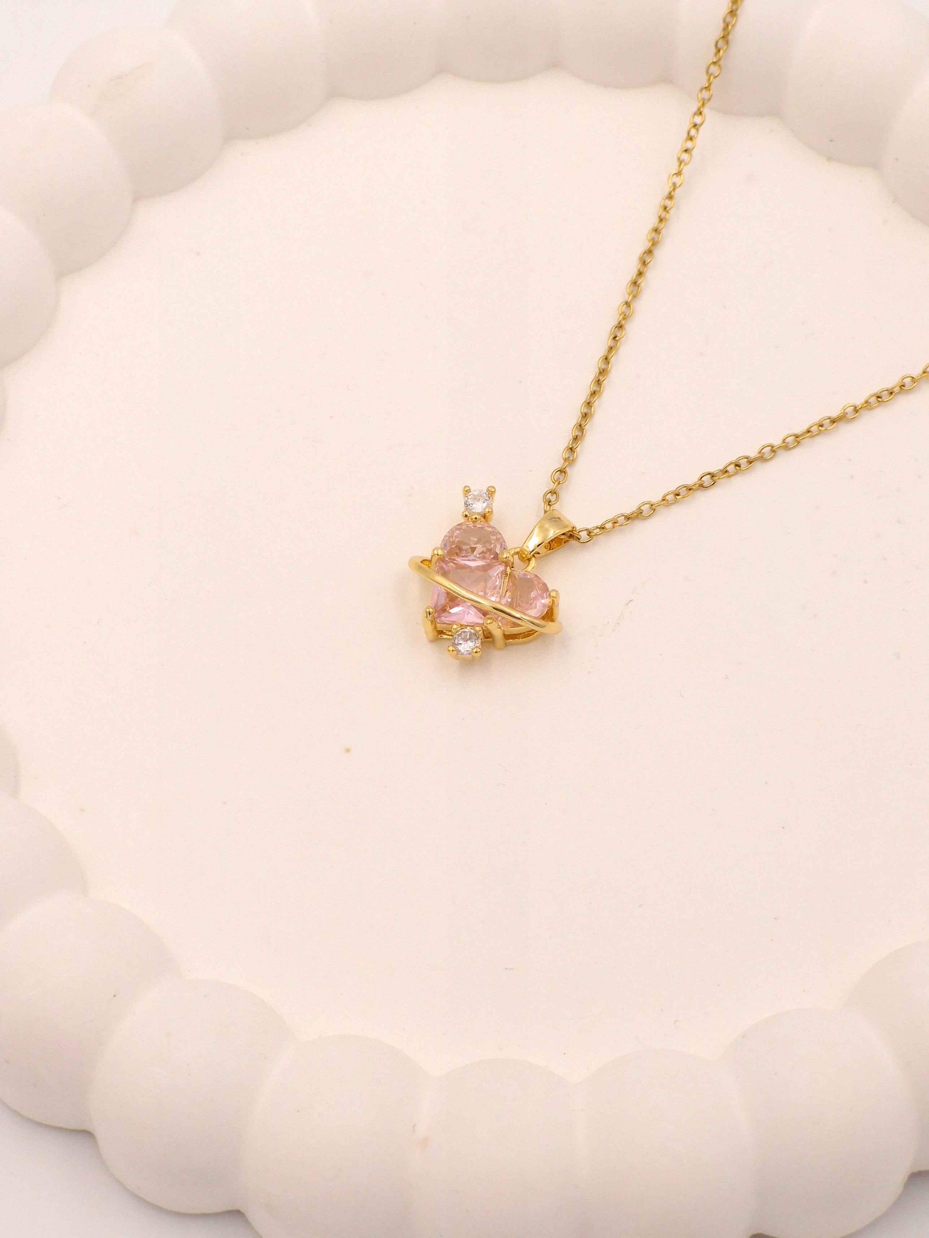 Whimsical Pink Heart Planetary Necklace | Anti-Tarnish Daily Wear