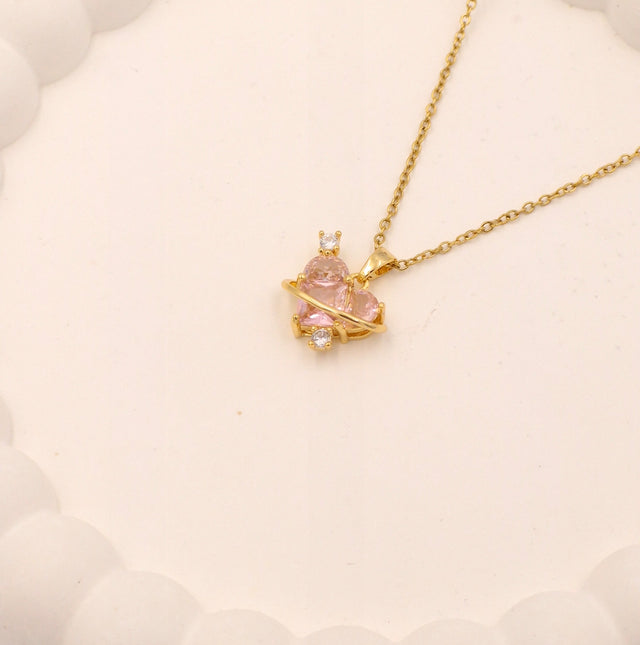 Whimsical Pink Heart Planetary Necklace | Anti-Tarnish Daily Wear