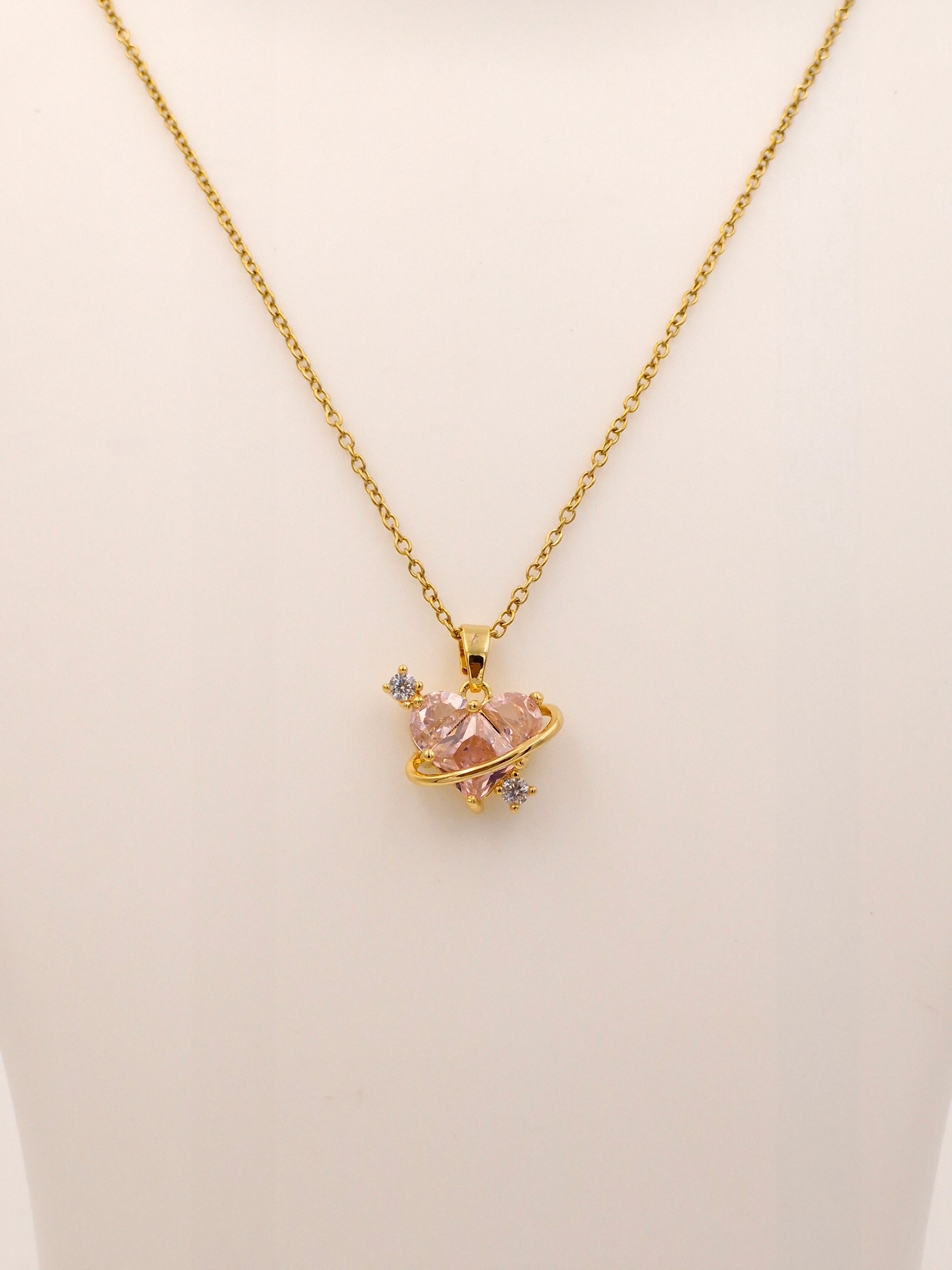 Whimsical Pink Heart Planetary Necklace | Anti-Tarnish Daily Wear