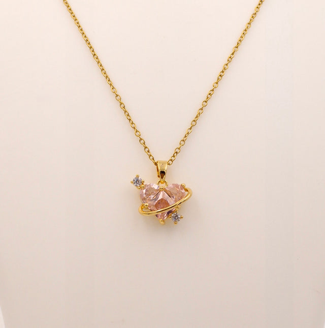 Whimsical Pink Heart Planetary Necklace | Anti-Tarnish Daily Wear