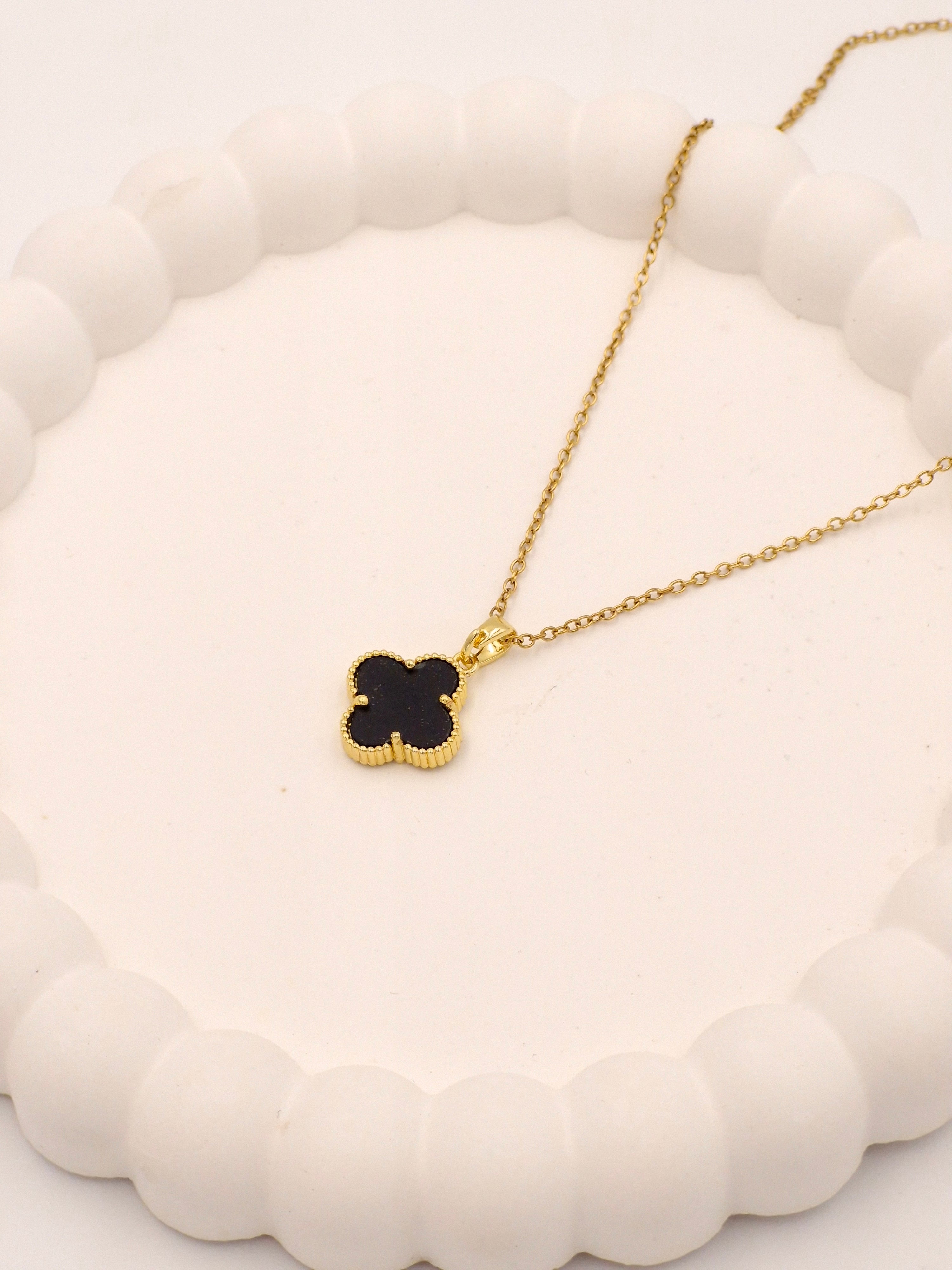 2-in-1 Reversible Clover Necklace | Black Enamel & Crystal Pave | Anti-Tarnish