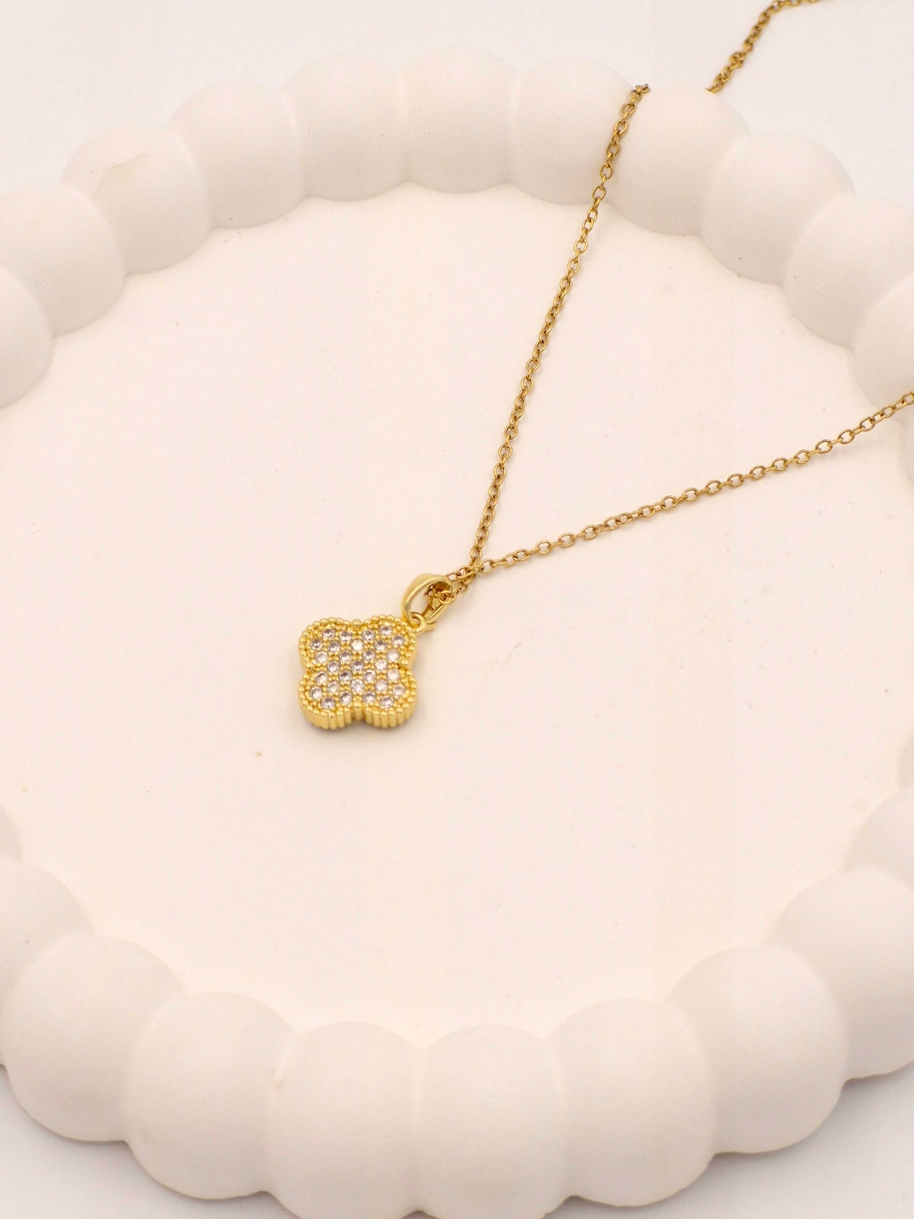 2-in-1 Reversible Clover Necklace | Black Enamel & Crystal Pave | Anti-Tarnish