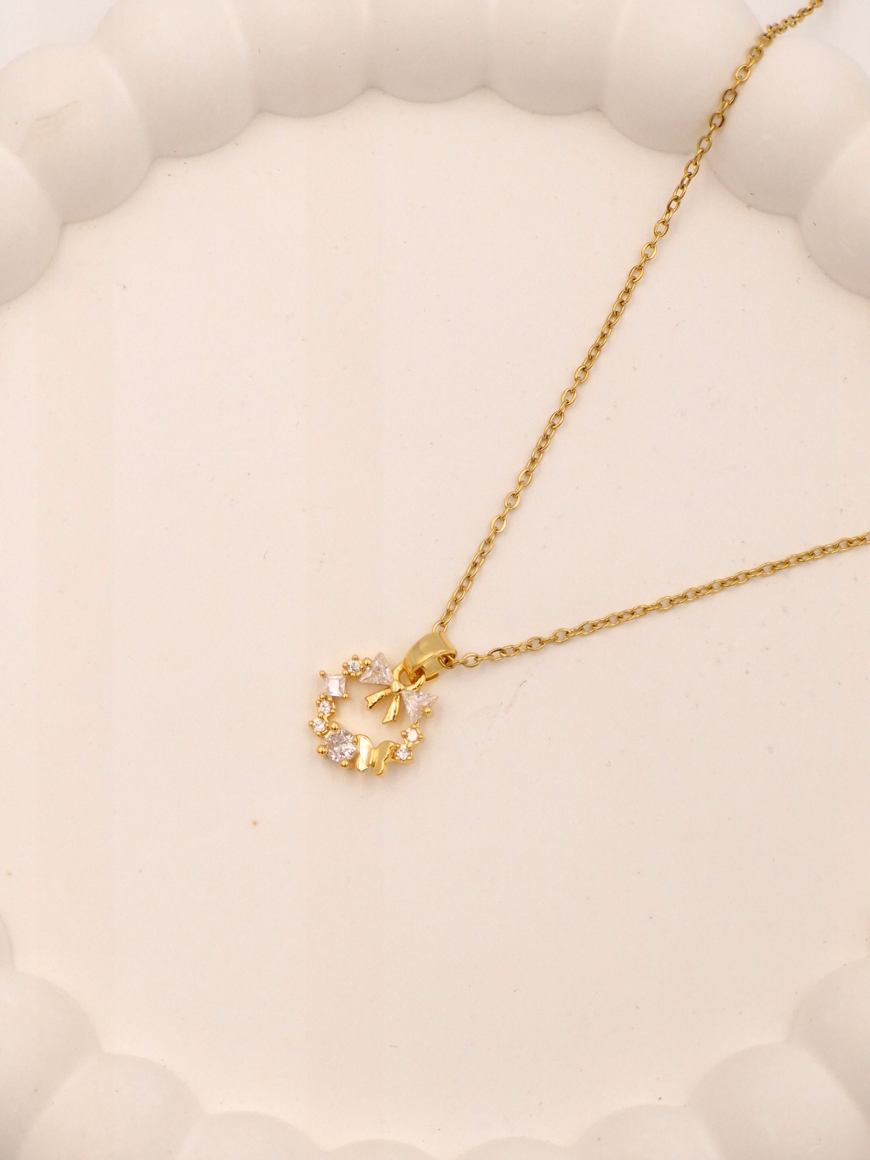 Gold Butterfly Flower Circular Necklace with Crystal Bow | Waterproof Stainless Steel