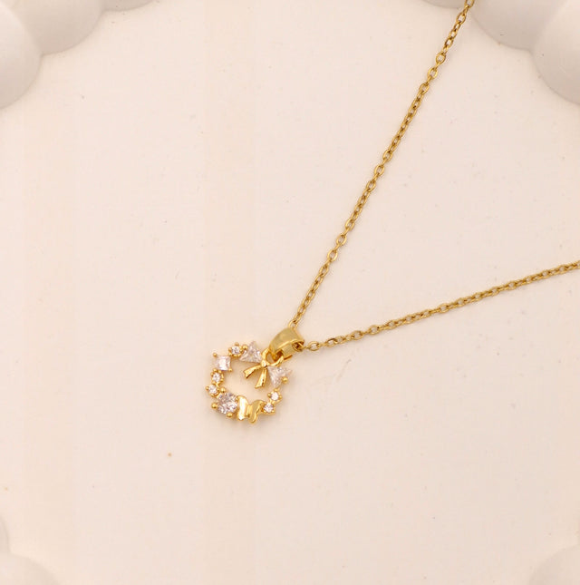 Gold Butterfly Flower Circular Necklace with Crystal Bow | Waterproof Stainless Steel