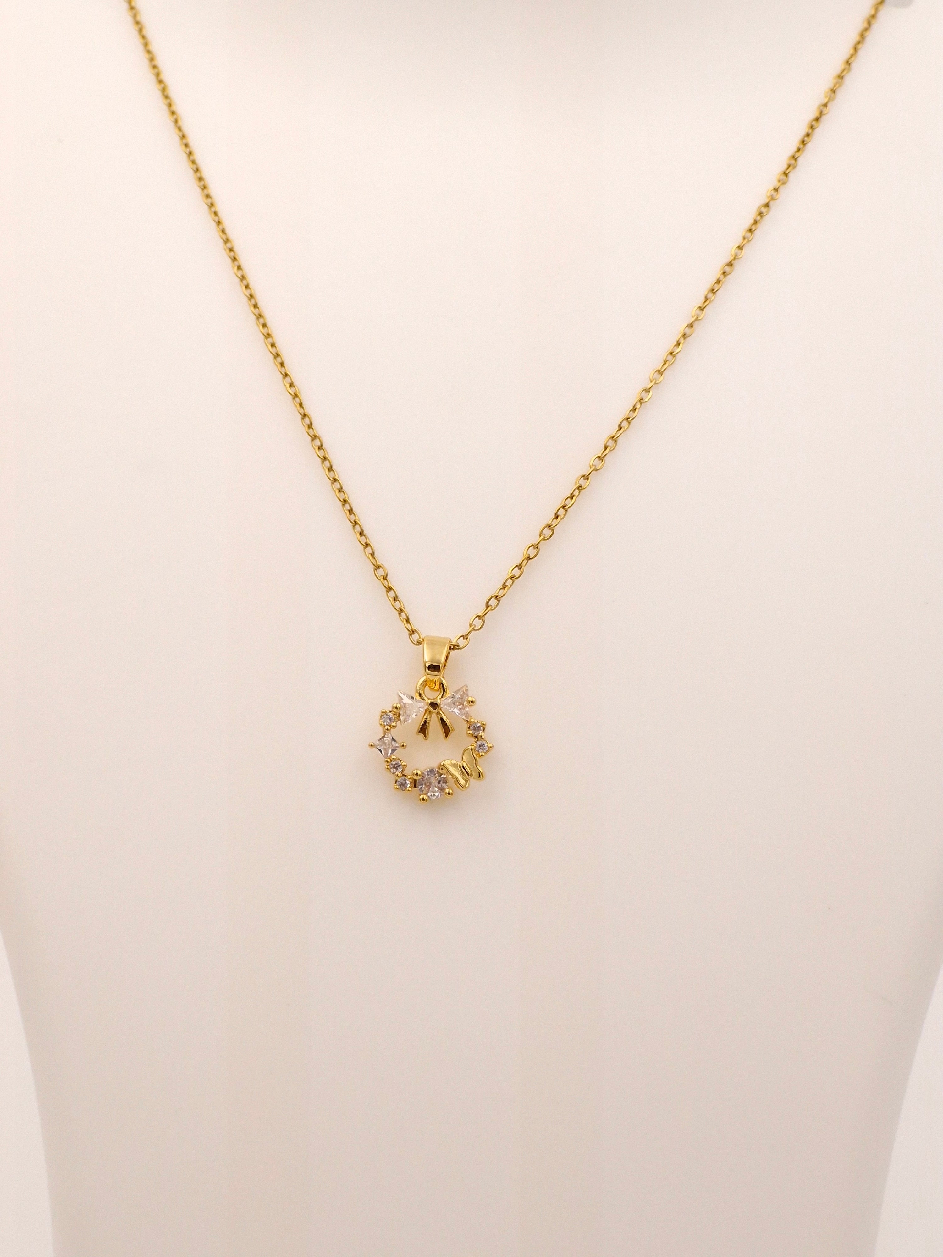 Gold Butterfly Flower Circular Necklace with Crystal Bow | Waterproof Stainless Steel