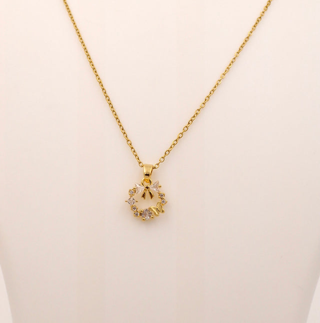 Gold Butterfly Flower Circular Necklace with Crystal Bow | Waterproof Stainless Steel