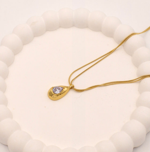 Anti-Tarnish Gold Teardrop Necklace | Waterproof Stainless Steel Double Chain