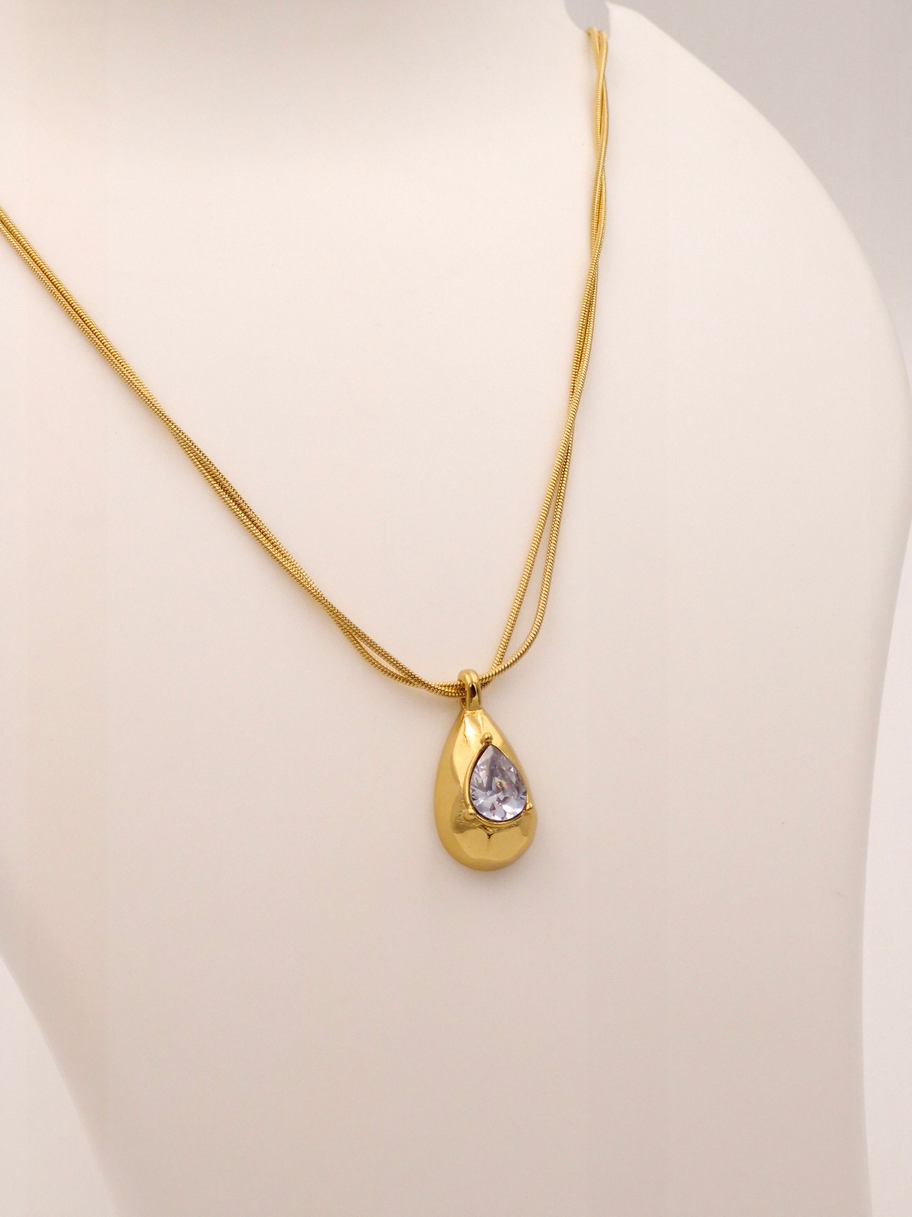 Anti-Tarnish Gold Teardrop Necklace | Waterproof Stainless Steel Double Chain