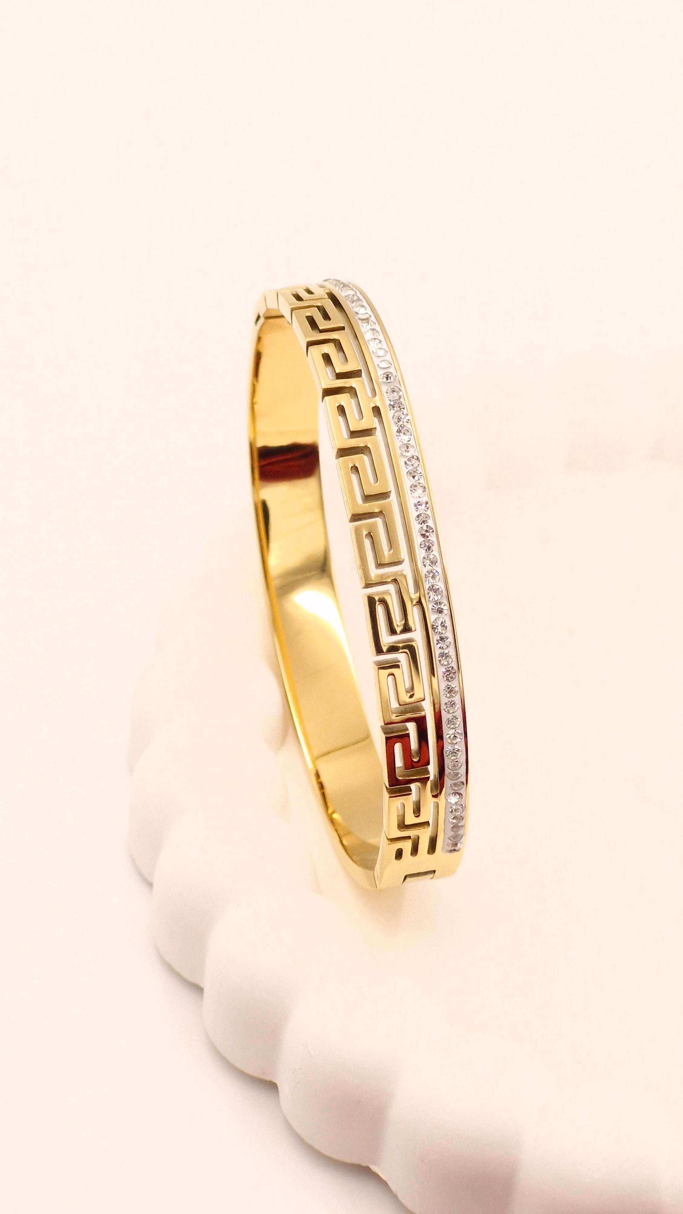 Gold Finish Versace-Inspired Geometric Design Anti-Tarnish Kada for Girls & Women