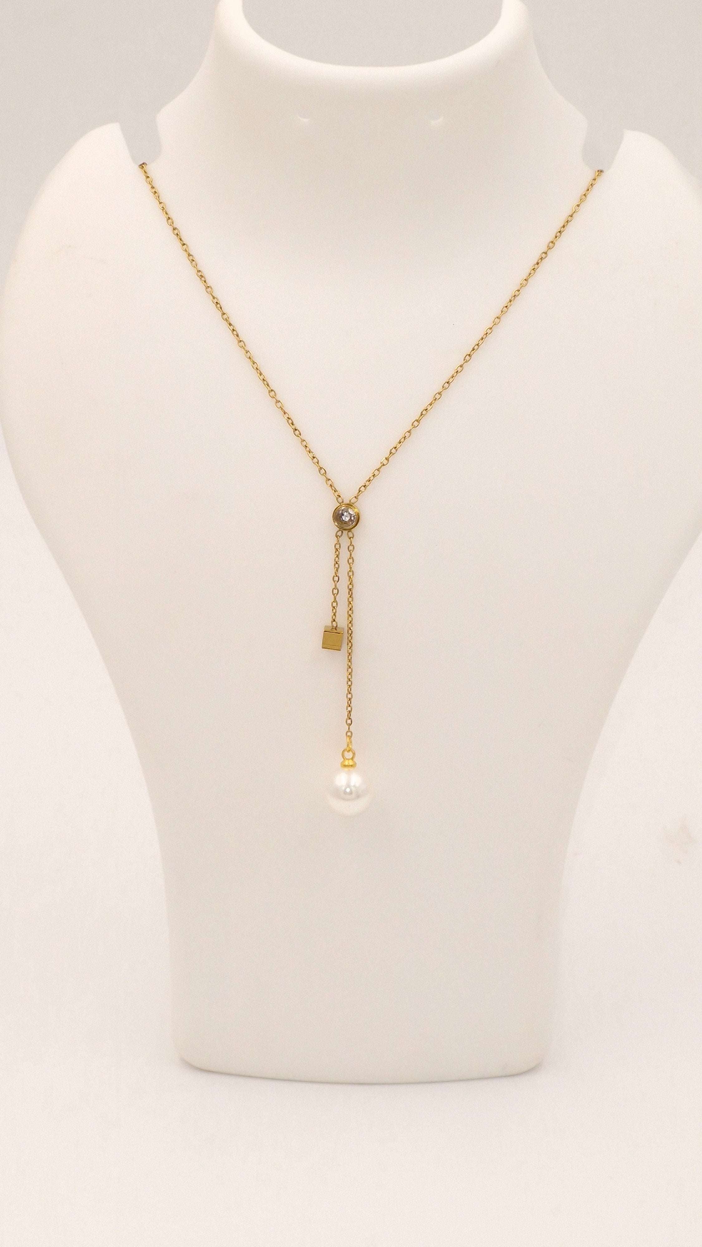 Crystal & Pearl Drop Y-Chain Necklace for Women & Girls | Elegant Anti-Tarnish Gold Finish
