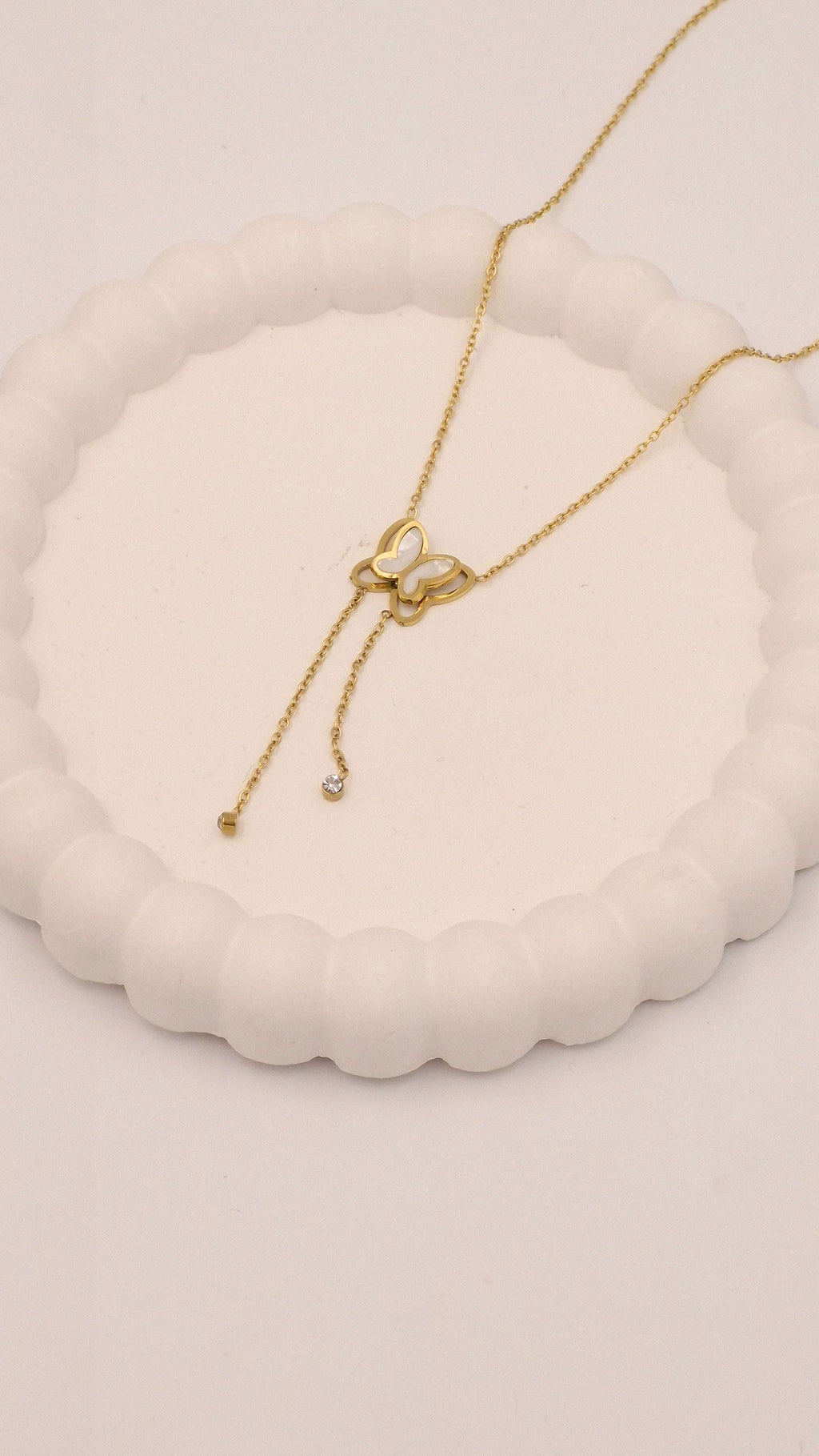 Pearl Butterfly Lariat Necklace | Elegant Anti-Tarnish Gold Y-Necklace with Crystal Drops
