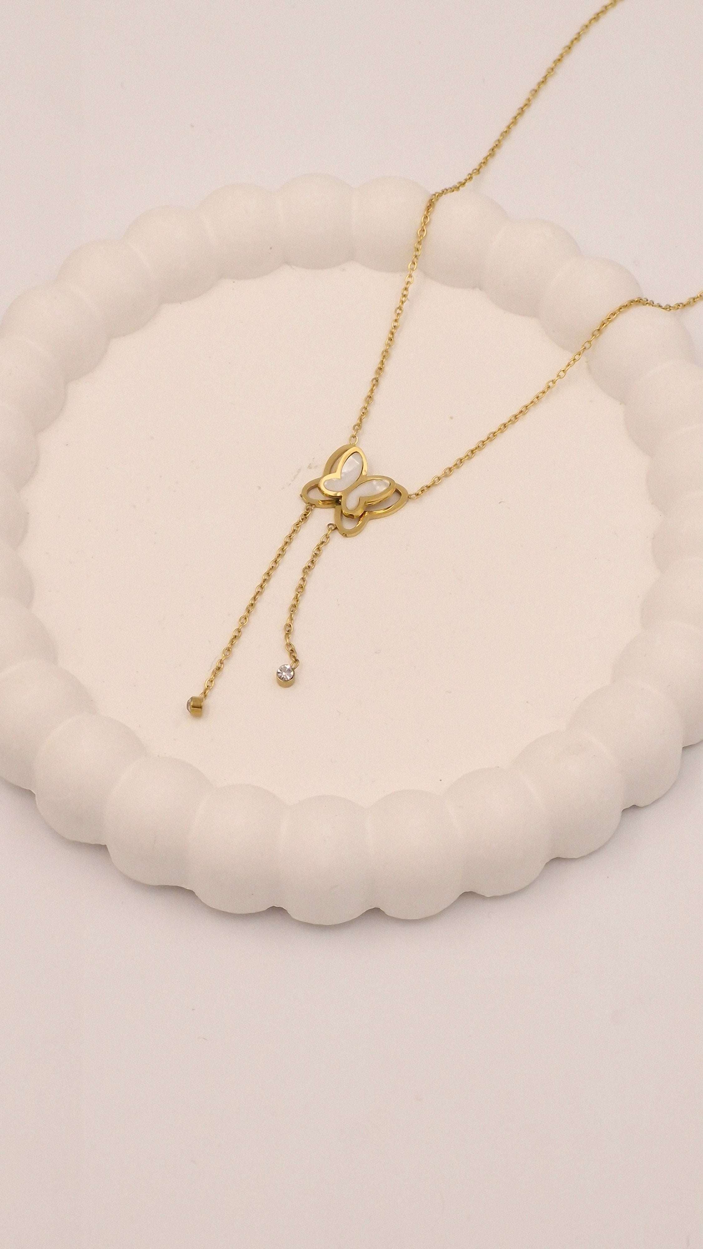 Pearl Butterfly Lariat Necklace | Elegant Anti-Tarnish Gold Y-Necklace with Crystal Drops