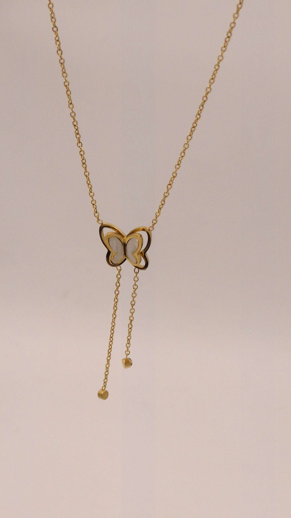 Pearl Butterfly Lariat Necklace | Elegant Anti-Tarnish Gold Y-Necklace with Crystal Drops