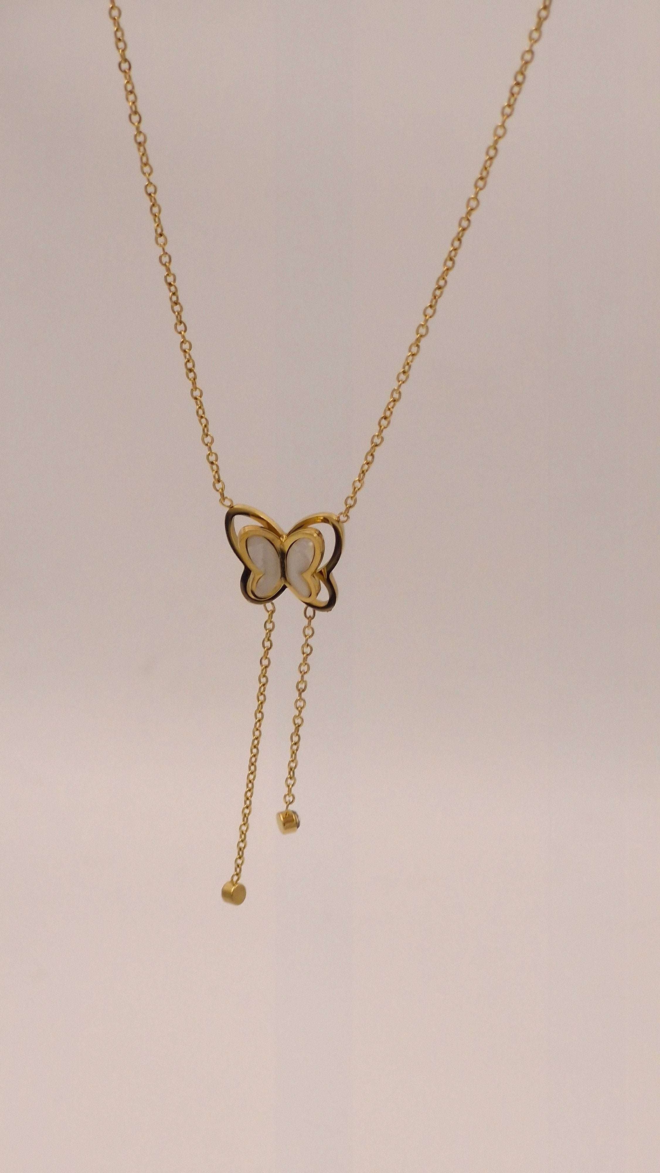 Pearl Butterfly Lariat Necklace | Elegant Anti-Tarnish Gold Y-Necklace with Crystal Drops