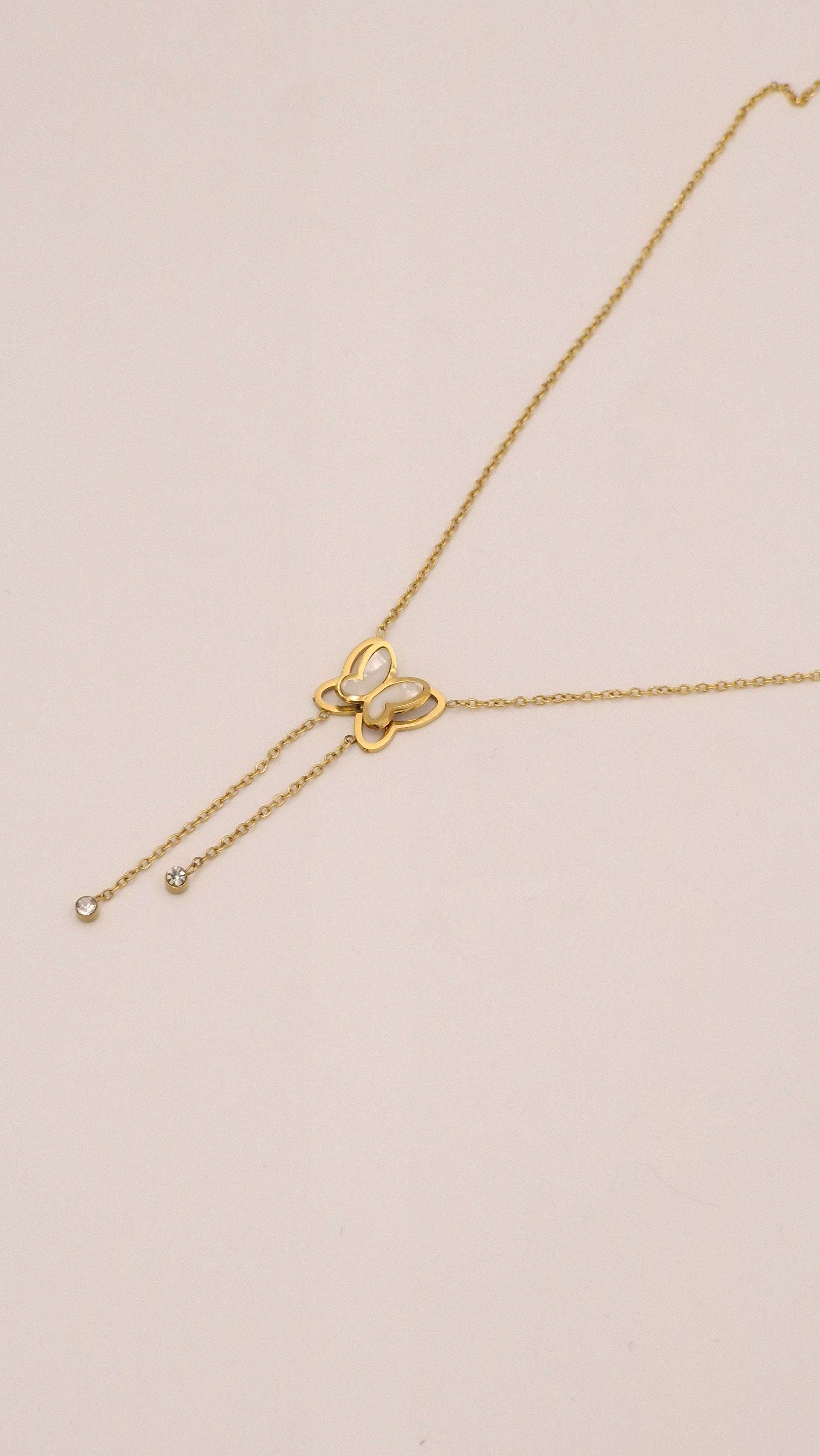 Pearl Butterfly Lariat Necklace | Elegant Anti-Tarnish Gold Y-Necklace with Crystal Drops