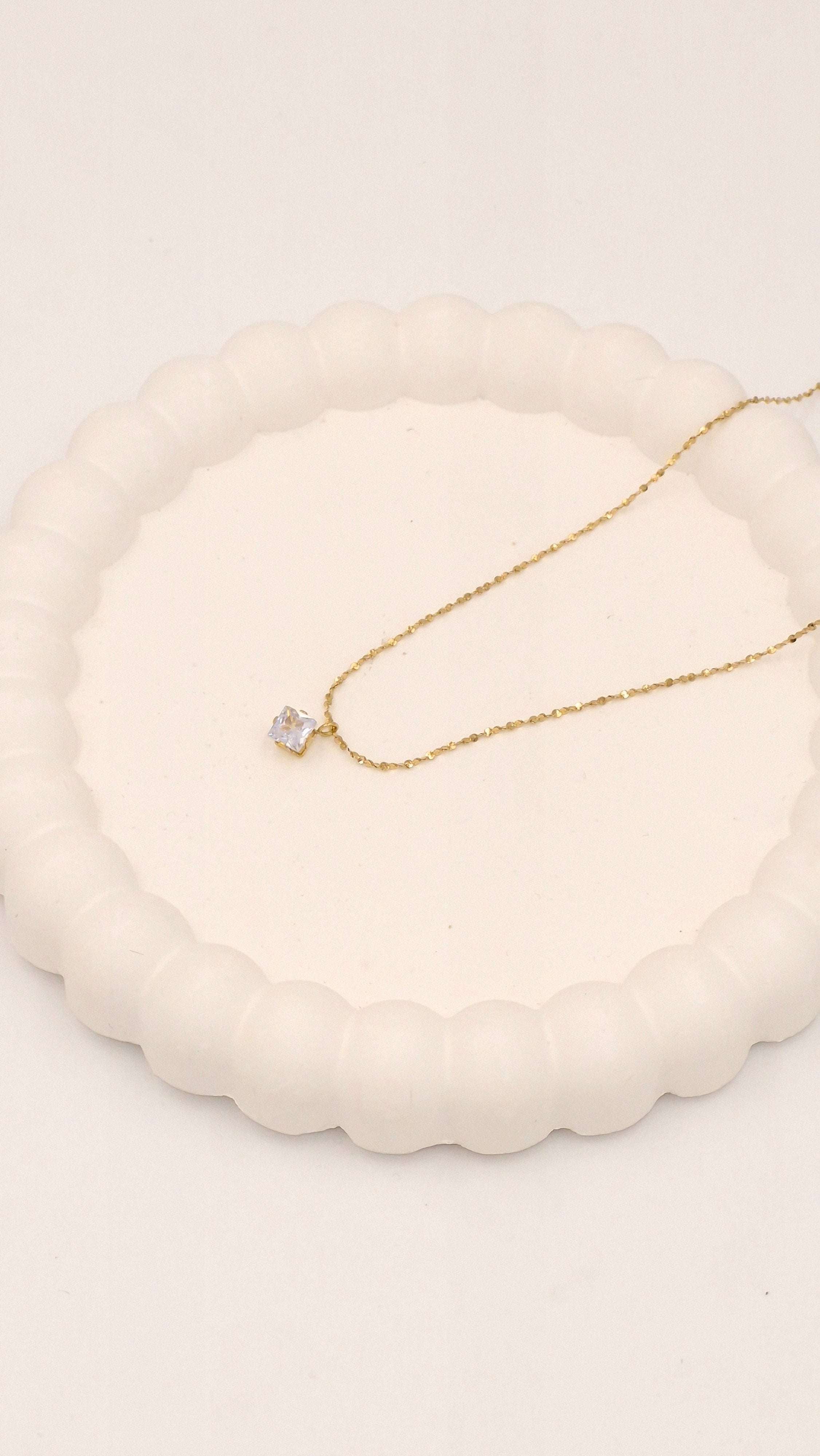 Minimalist Square Solitaire Crystal Necklace | Radiant Anti-Tarnish Gold Sparkle Chain