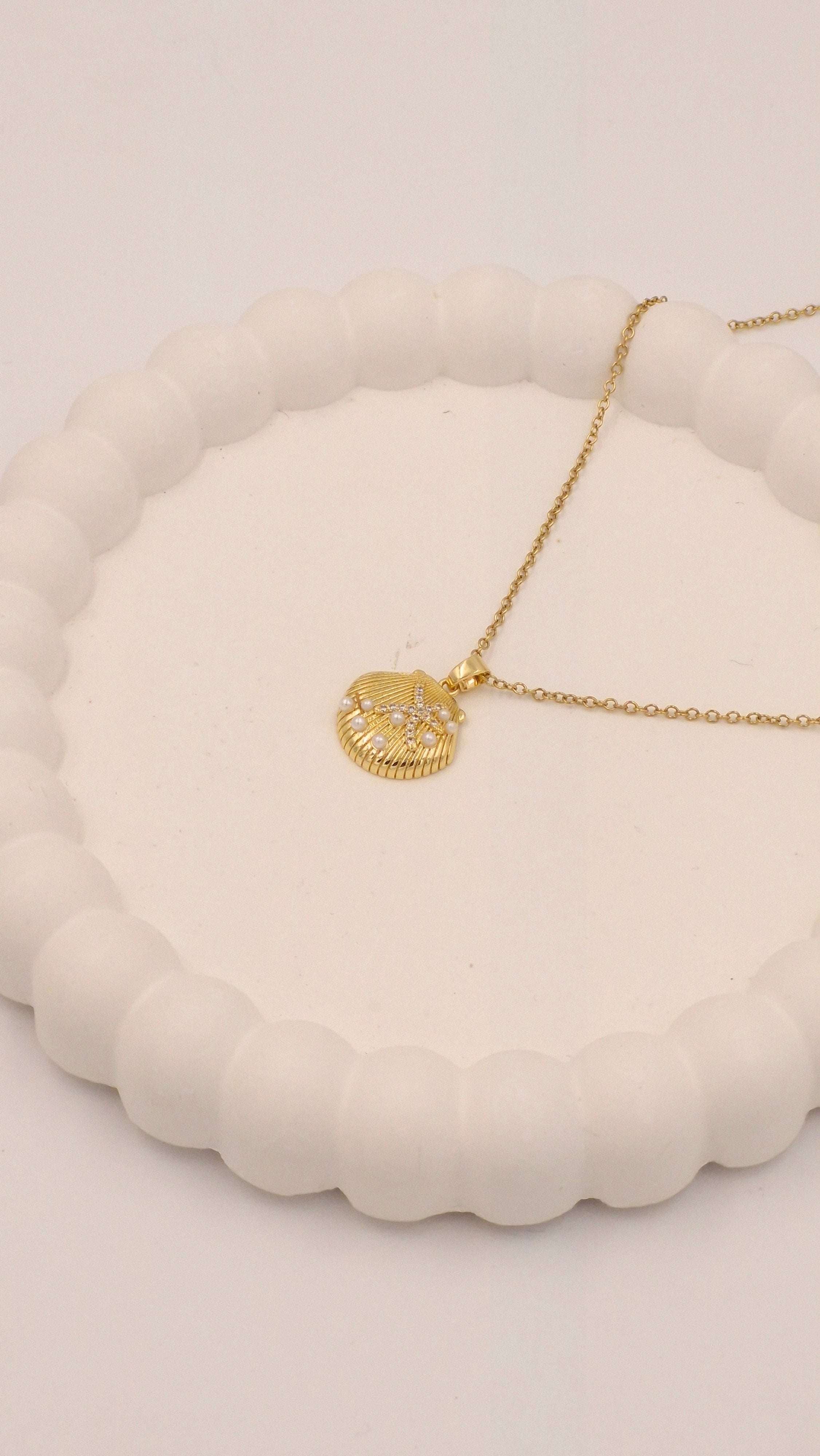 Gold Seashell & Starfish Pendant Necklace | Elegant Anti-Tarnish Pearl Accented Beach Jewelery
