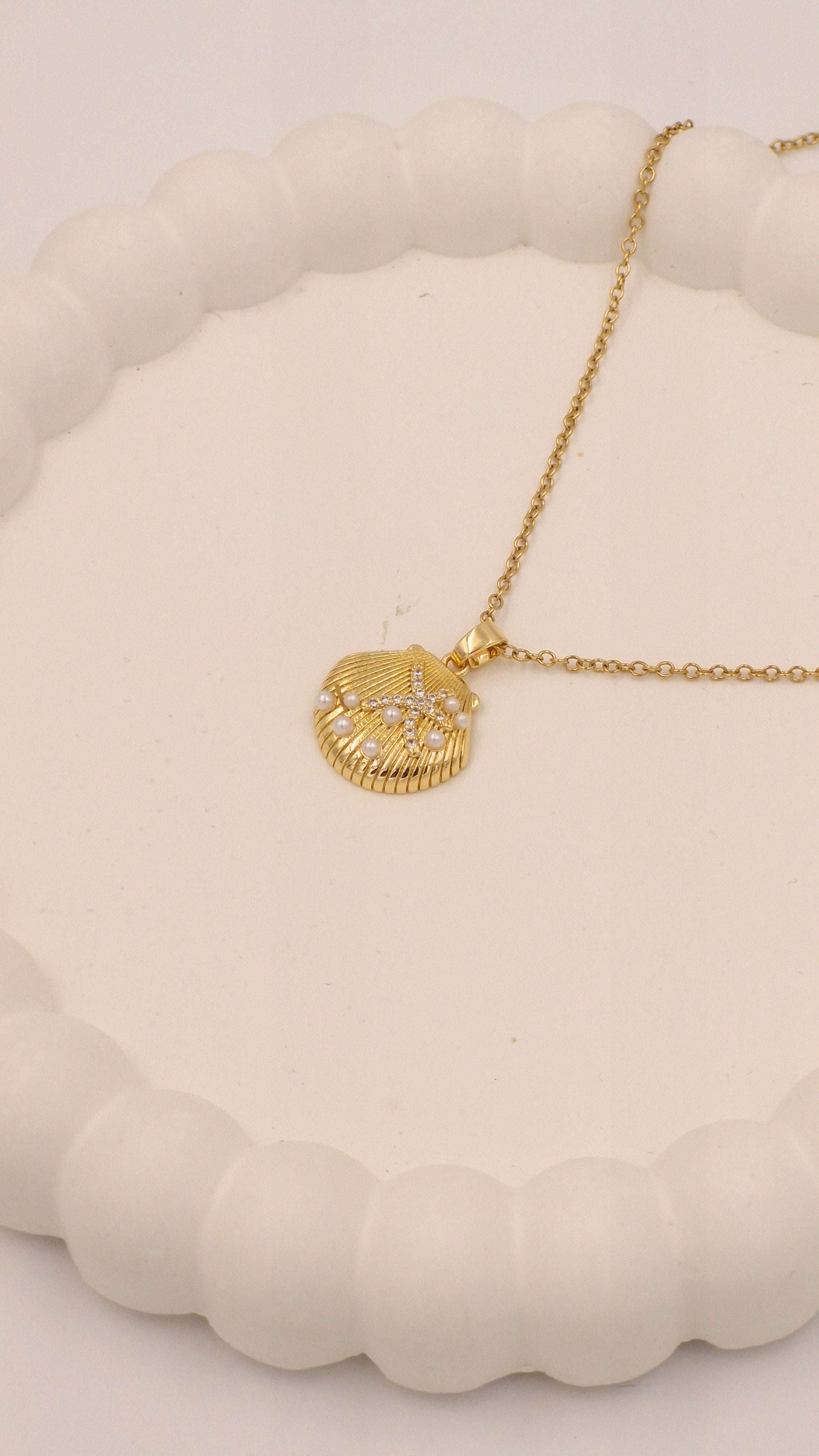 Gold Seashell & Starfish Pendant Necklace | Elegant Anti-Tarnish Pearl Accented Beach Jewelery