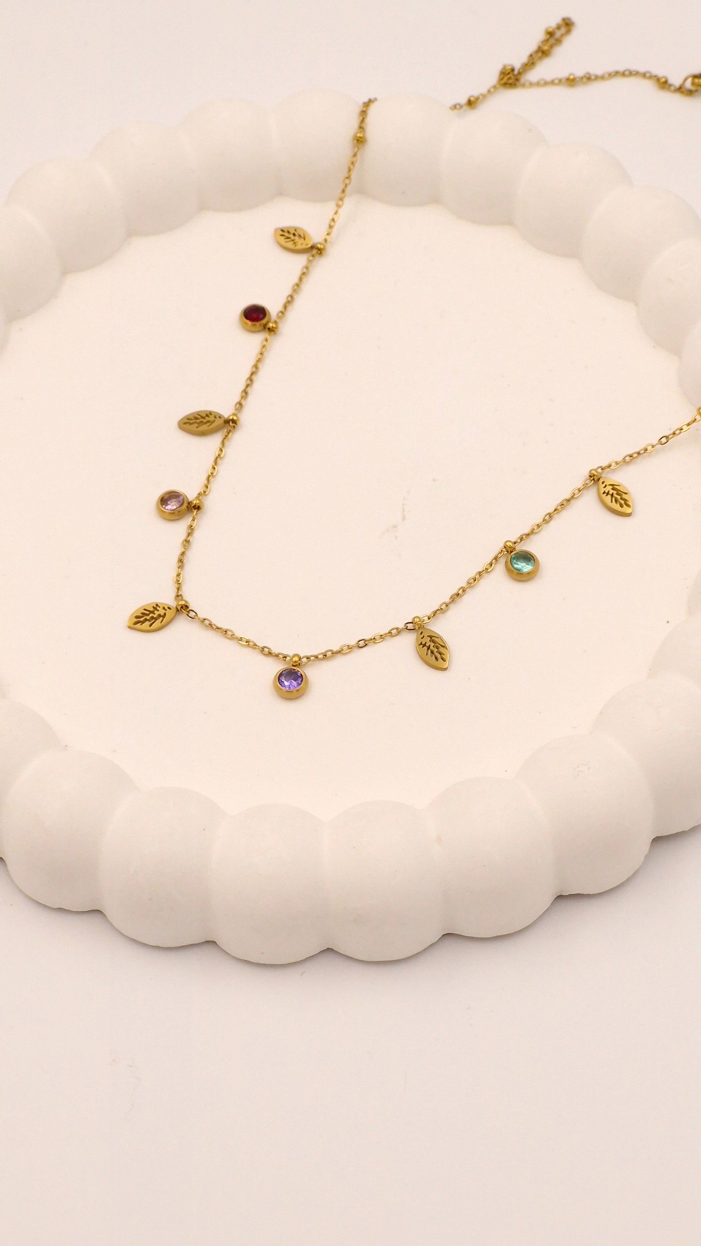 Anti-Tarnish Gold Plated Tanmaniya Necklace with Colourful Stones & Leaf Charms for Women