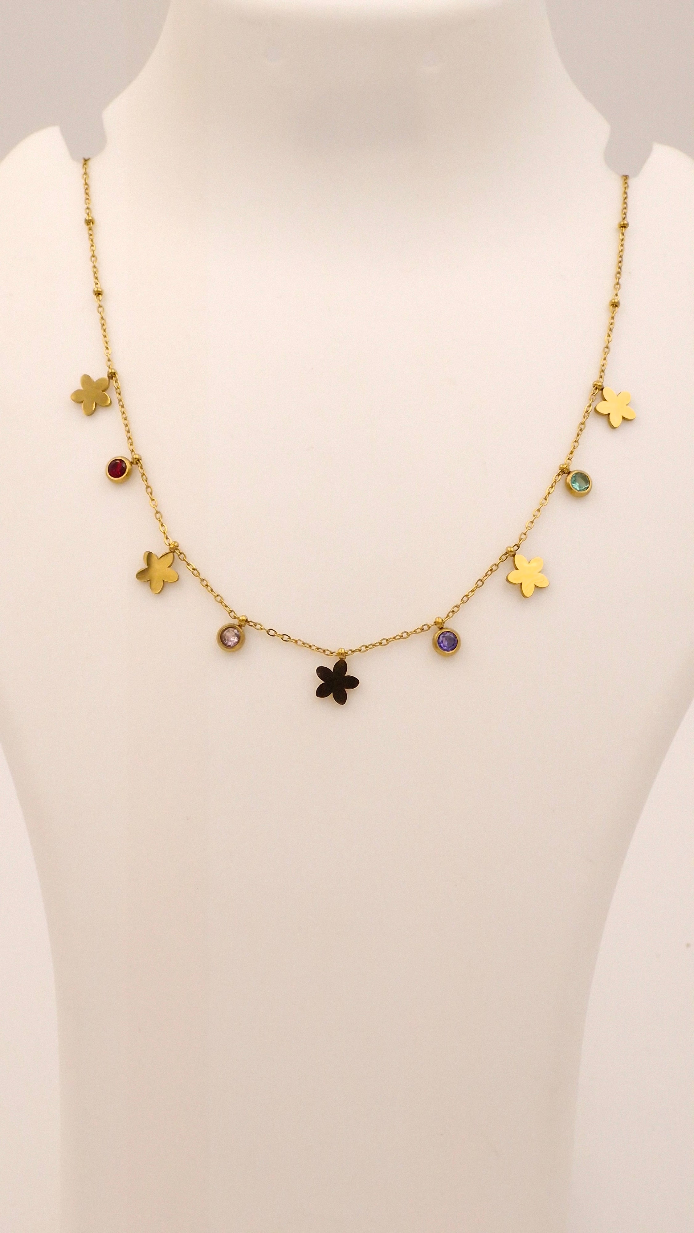 Anti-Tarnish Gold Plated Flower Charm Tanmaniya Necklace with Colourful Stones for Women