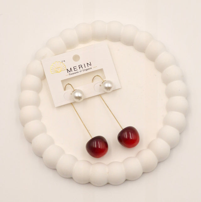 Trendy Pearl & Cherry Drop Earrings for Women – Stylish Long Dangle Earrings