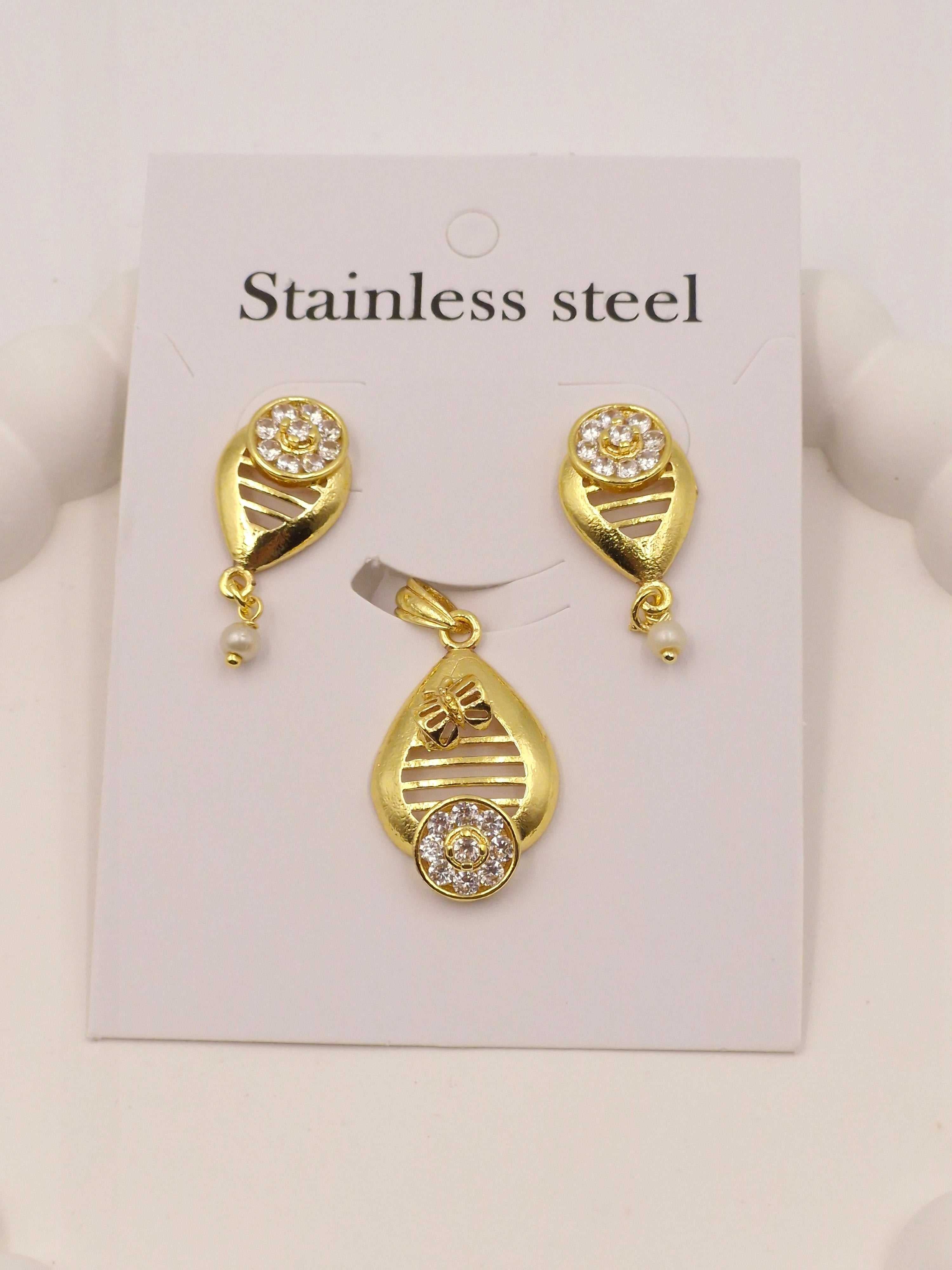 Gold Plated Teardrop Pendant and Earrings Set with Faux Pearl & Cubic Zirconia