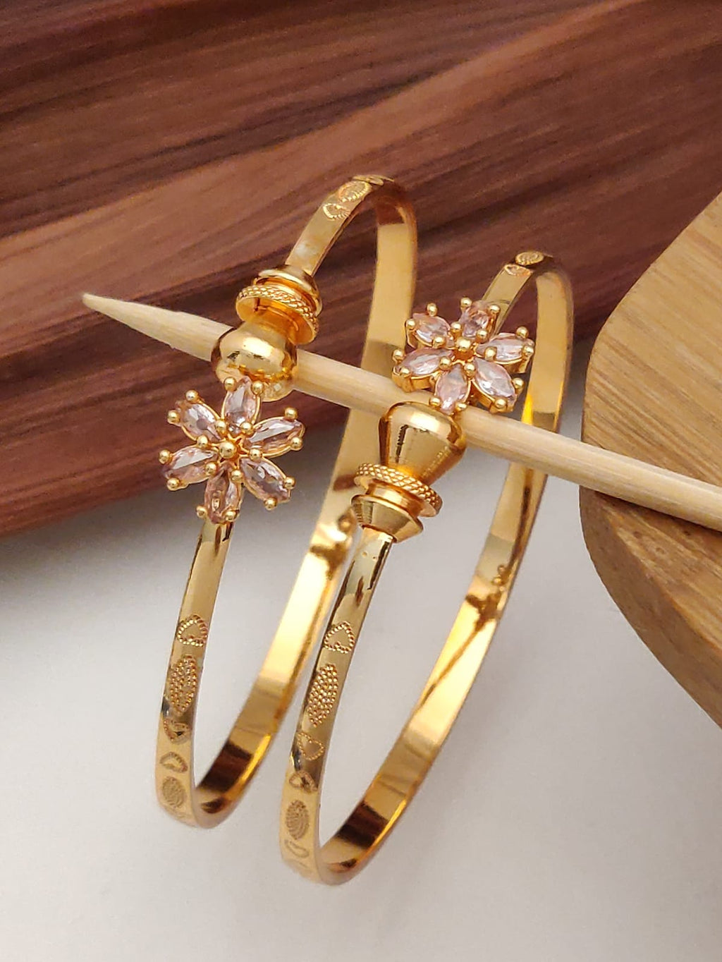 Elegant Floral Gold-Plated Bangles with Light Pink Stones – Festive & Party Wear