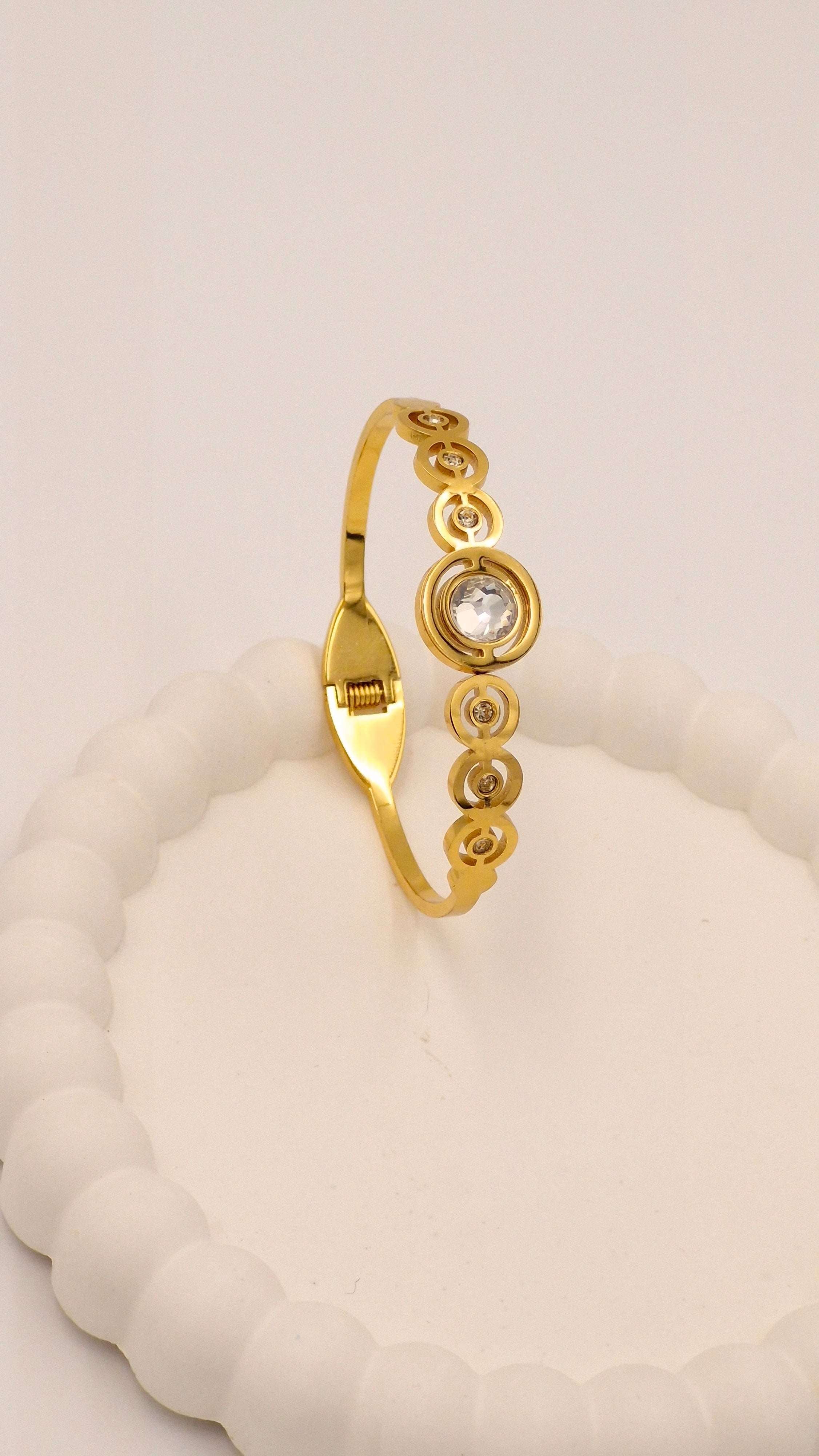 Gold Finish Circular Motif Anti-Tarnish Stainless Steel Kada with Crystal Stone