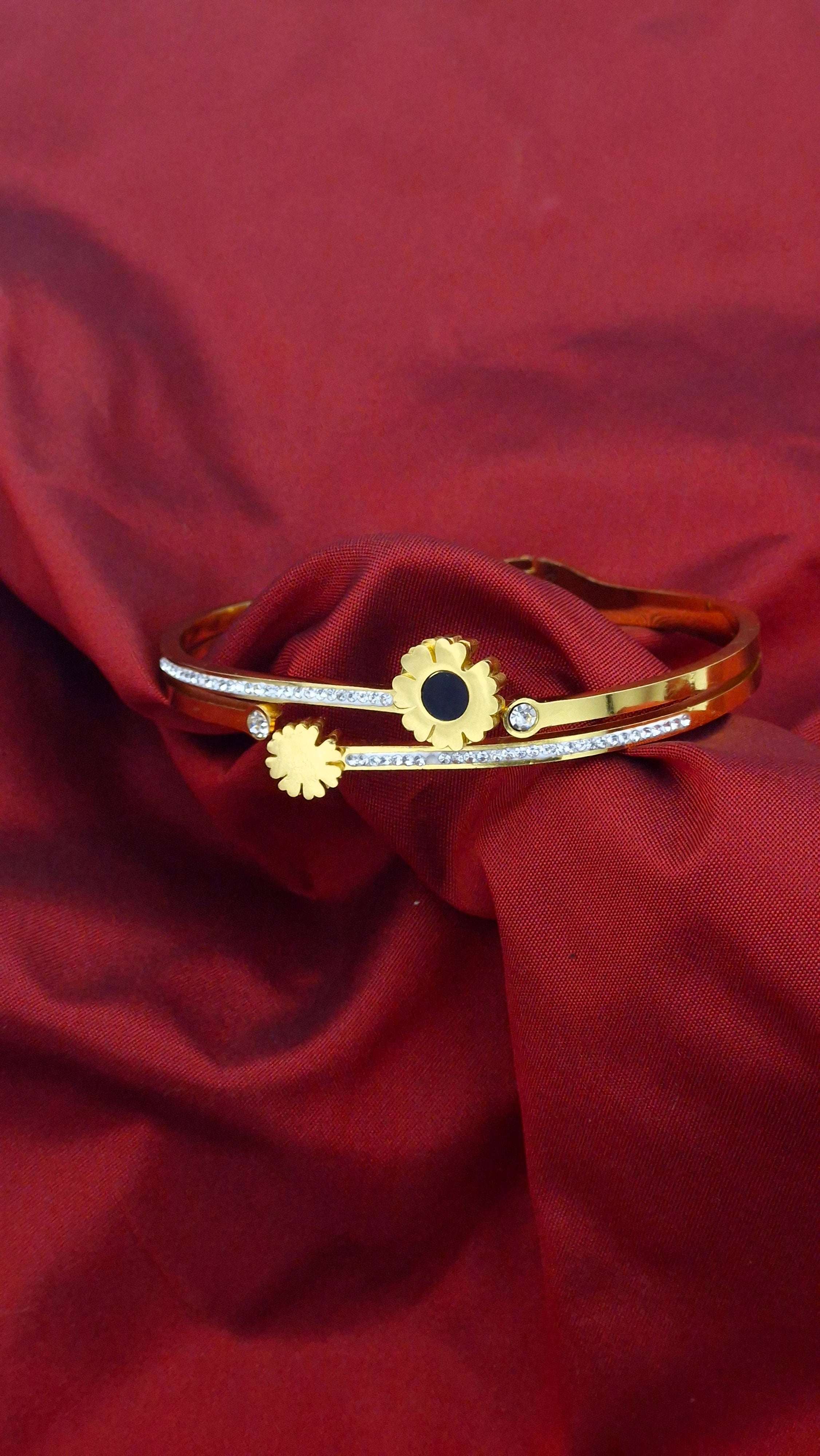 Gold Finish Flower Design Anti-Tarnish Stainless Steel Kada with Crystal Detailing