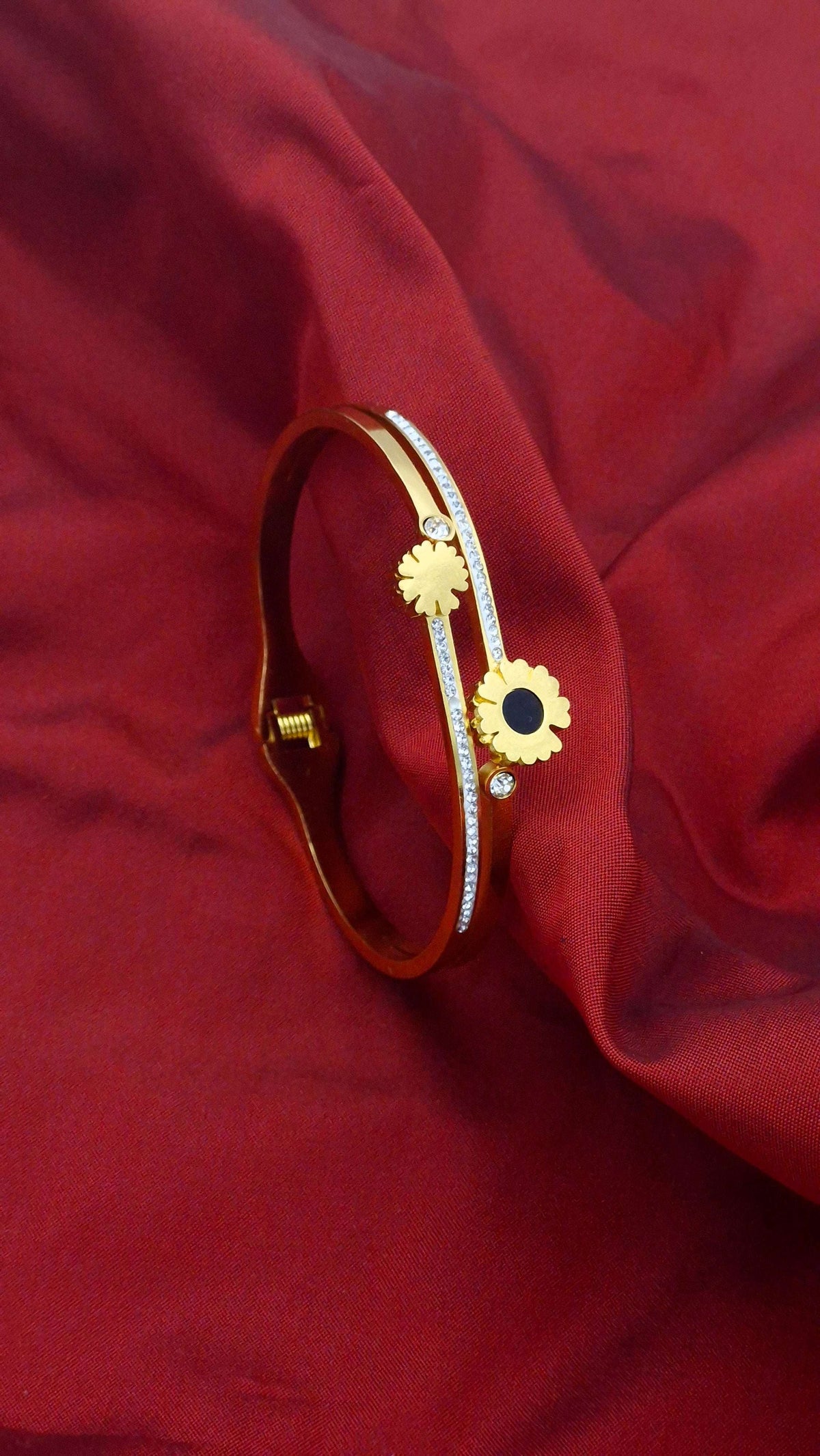 Gold Finish Flower Design Anti-Tarnish Stainless Steel Kada with Crystal Detailing