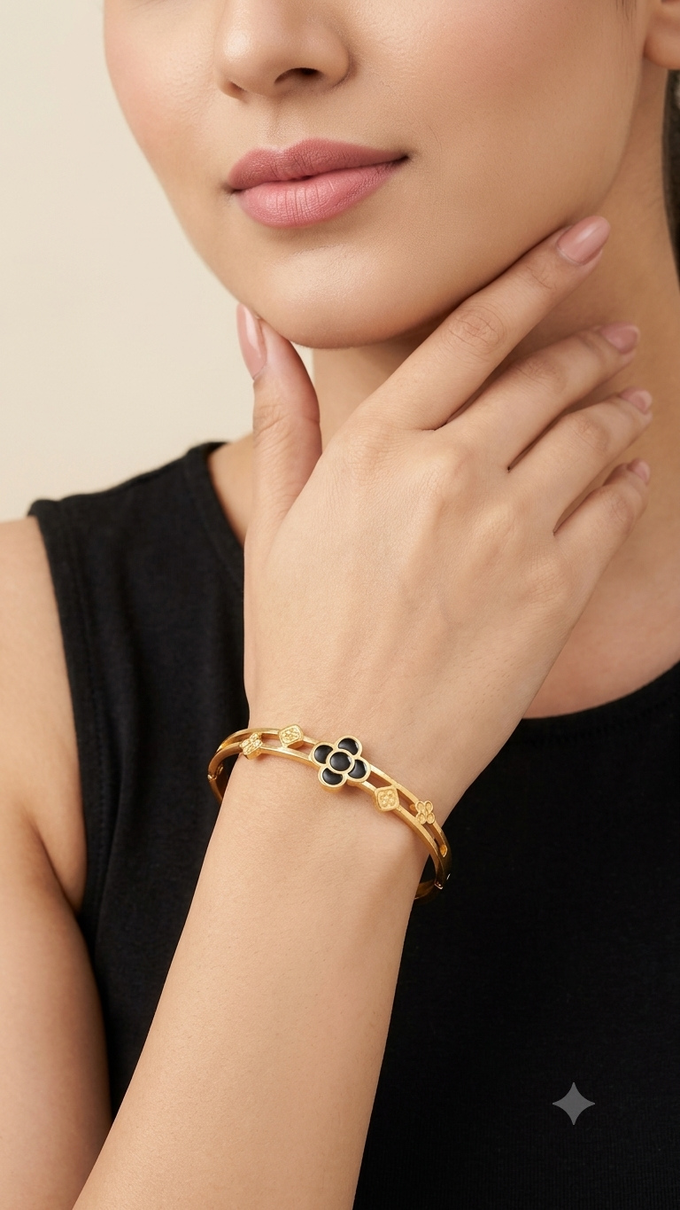 18K Gold Plated Black Clover Anti-Tarnish Bracelet for Women | Waterproof Hypoallergenic Statement Jewellery