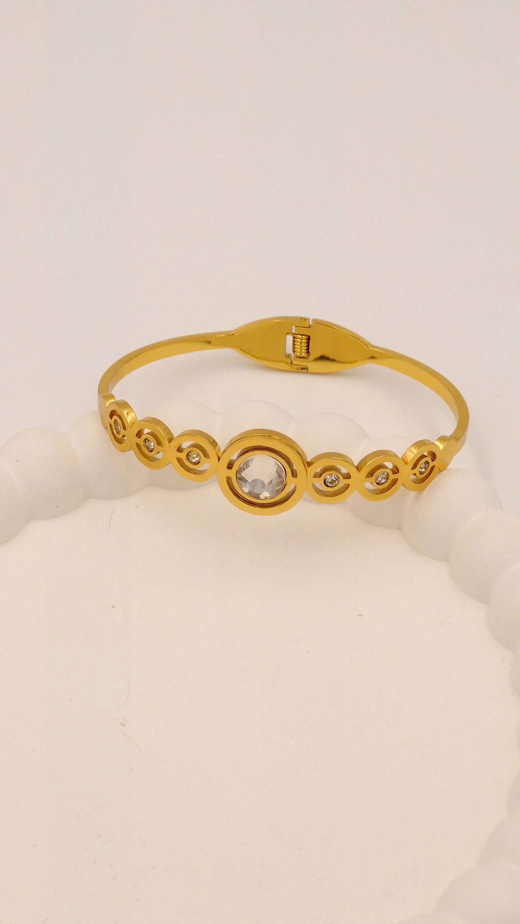 Gold Finish Circular Motif Anti-Tarnish Stainless Steel Kada with Crystal Stone