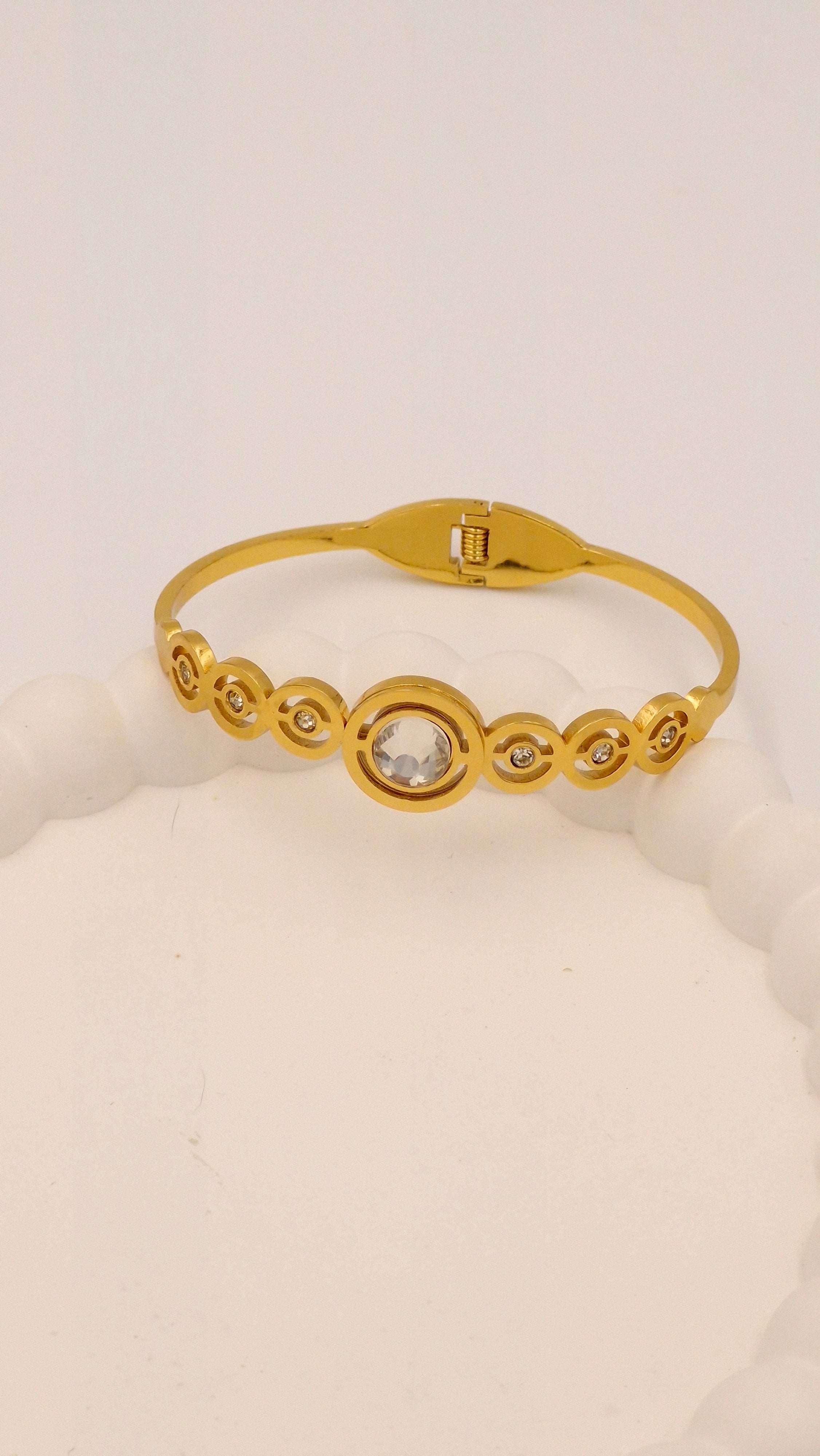 Gold Finish Circular Motif Anti-Tarnish Stainless Steel Kada with Crystal Stone
