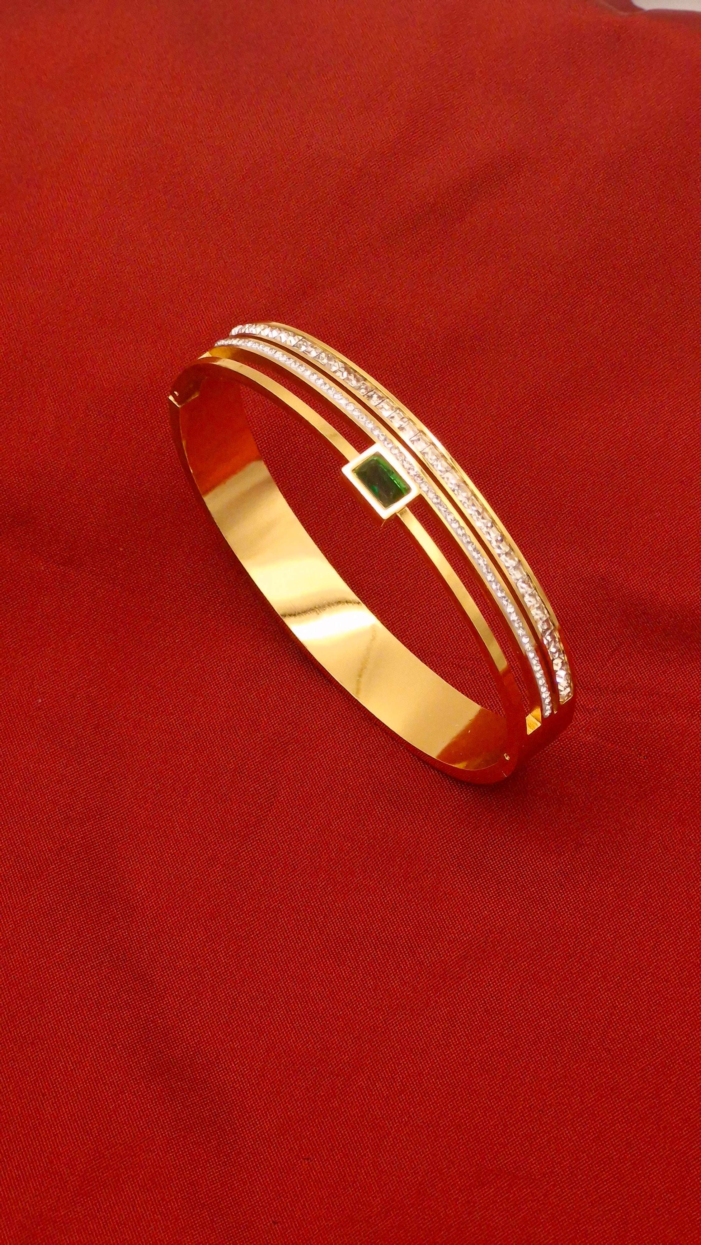 Gold Finish Dual-Line Anti-Tarnish Stainless Steel Kada with Green Stone