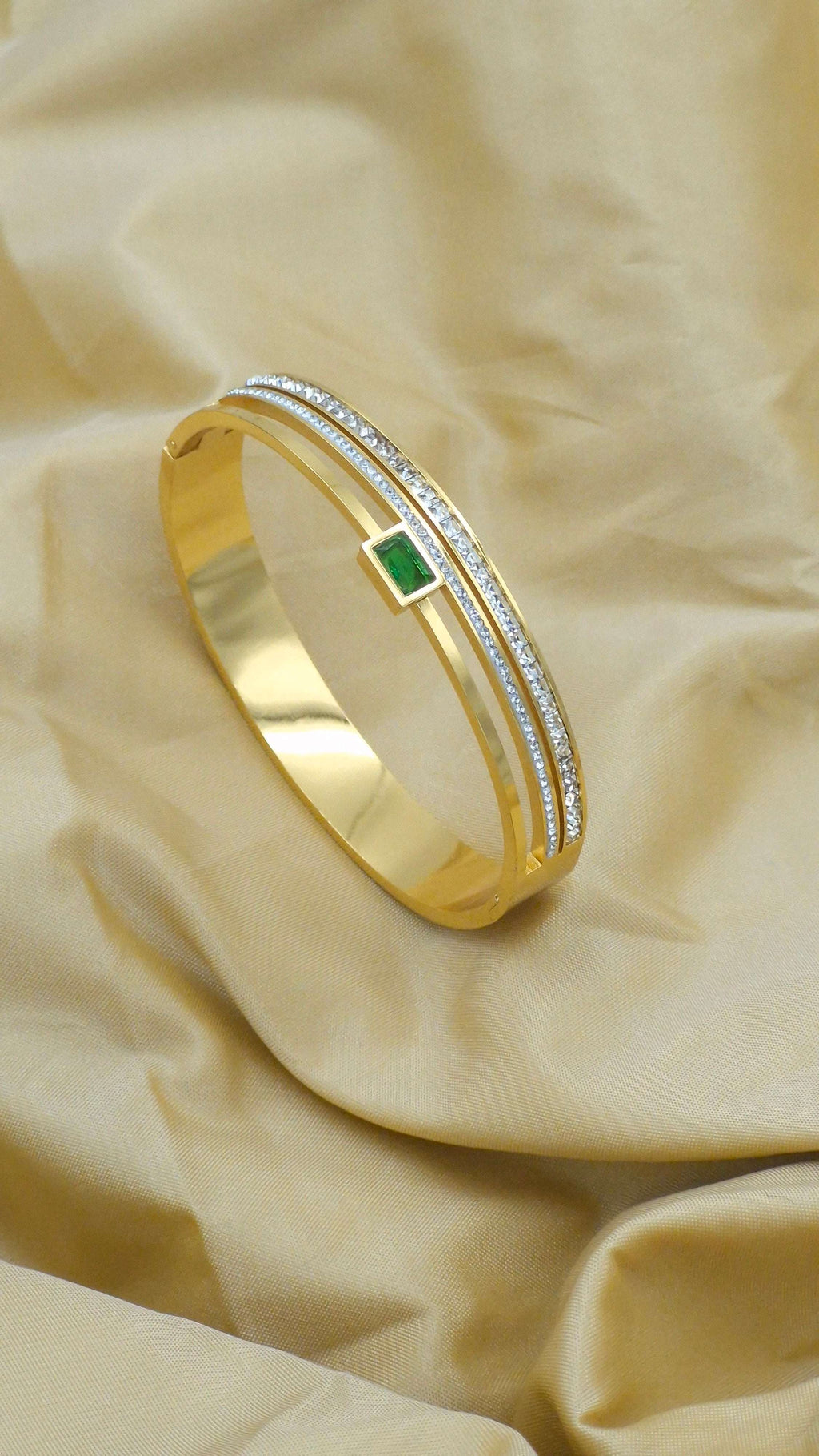 Gold Finish Dual-Line Anti-Tarnish Stainless Steel Kada with Green Stone