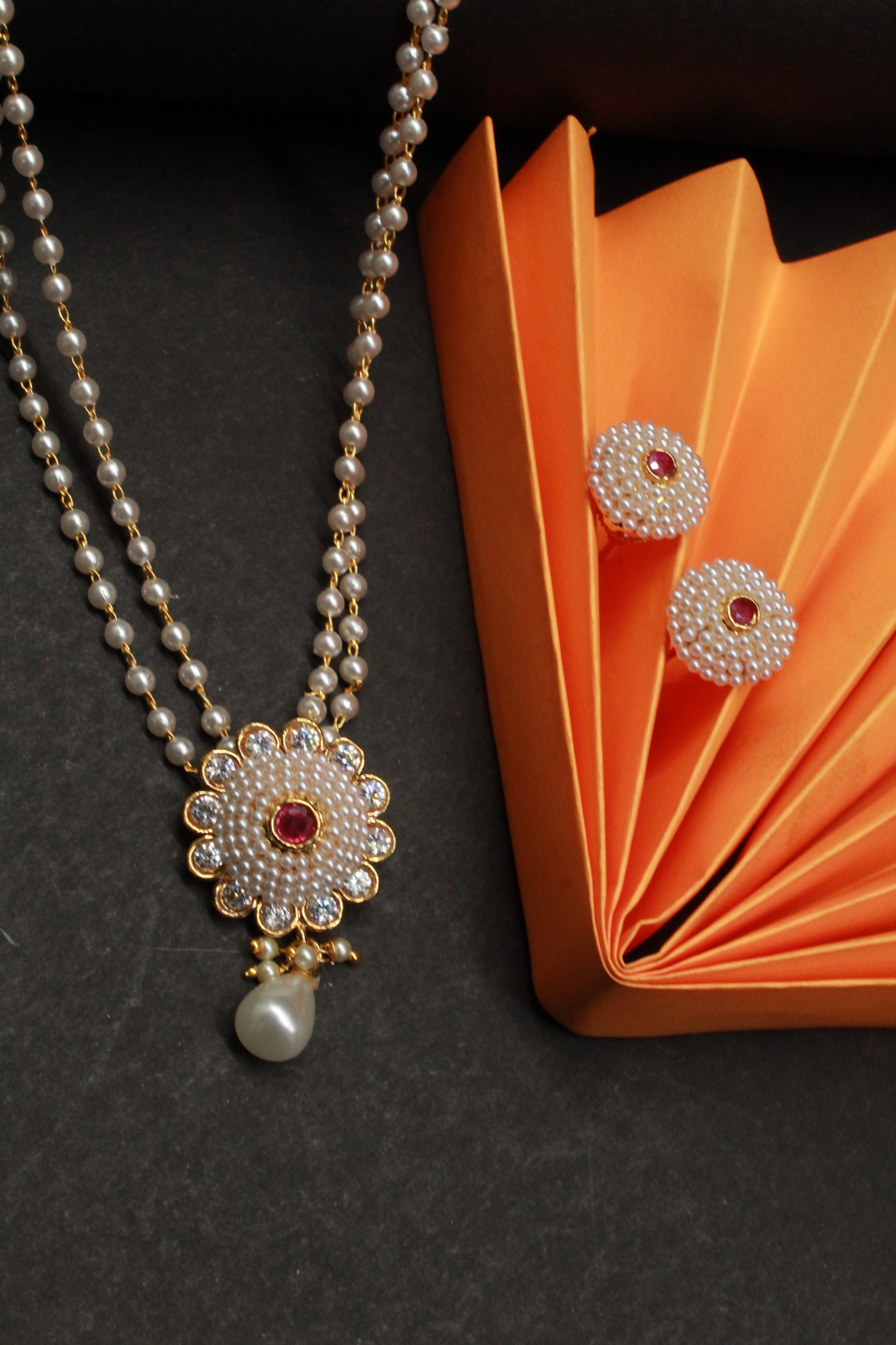 Traditional Pearl Beaded Necklace Set with Floral Pendant & Matching Stud Earrings for Women