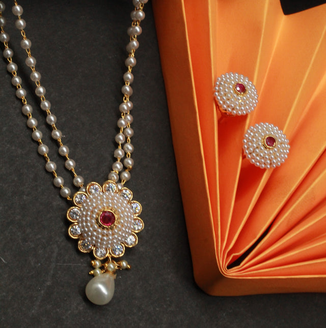 Traditional Pearl Beaded Necklace Set with Floral Pendant & Matching Stud Earrings for Women