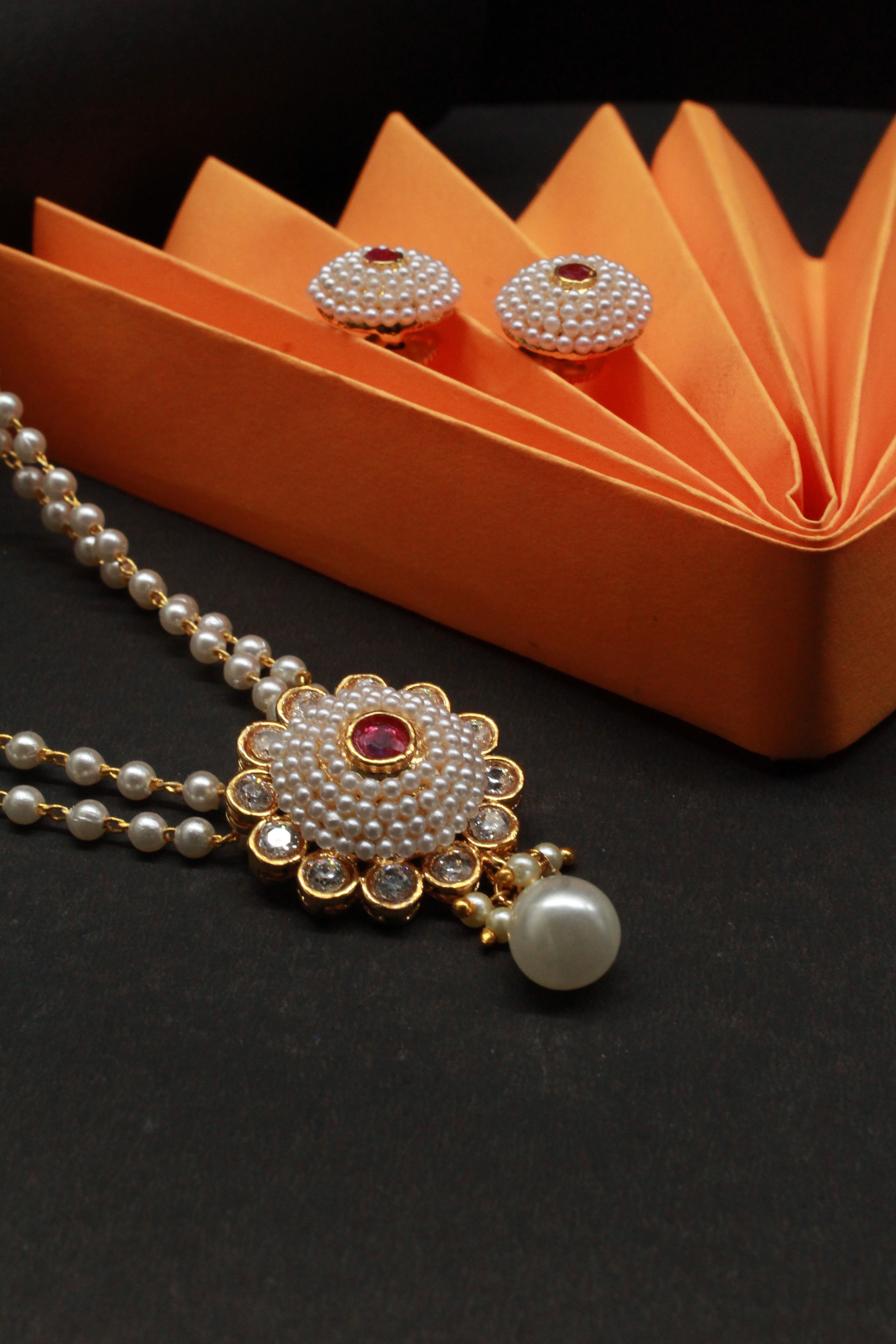 Traditional Pearl Beaded Necklace Set with Floral Pendant & Matching Stud Earrings for Women