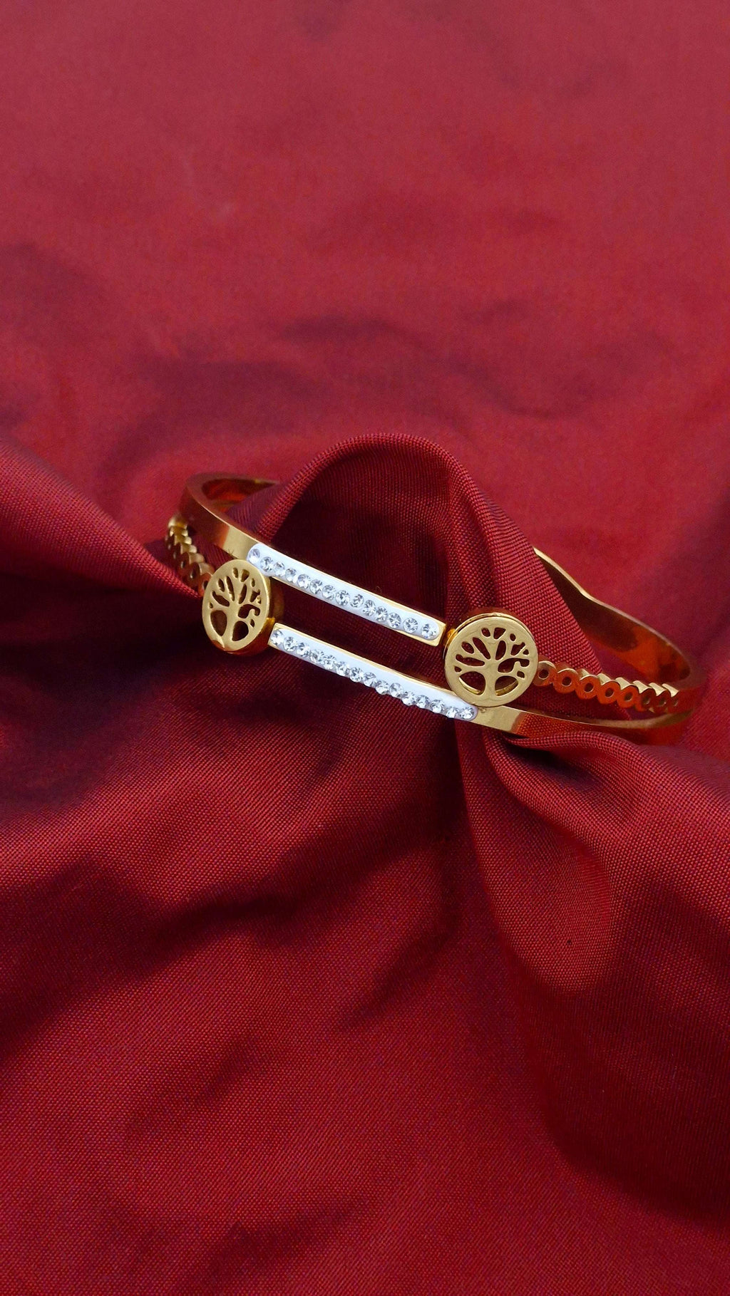 Gold Finish Tree Motif Anti-Tarnish Stainless Steel Kada with Crystal Detailing